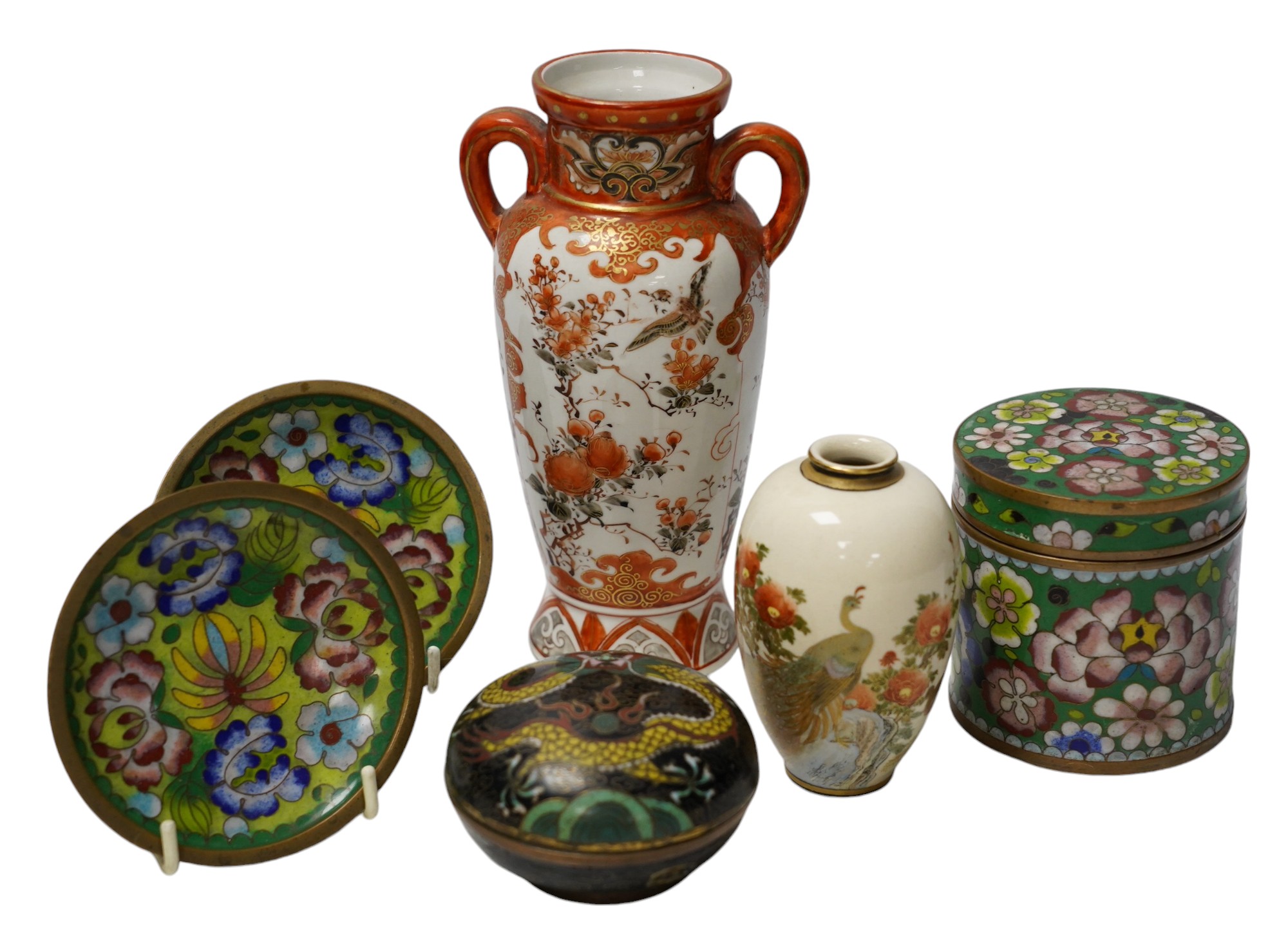 Japanese items comprising miniature Satsuma vase, four pieces of cloisonné and a Kutani vase, largest 17.5cm high. Condition - mostly fair to good                                                                          