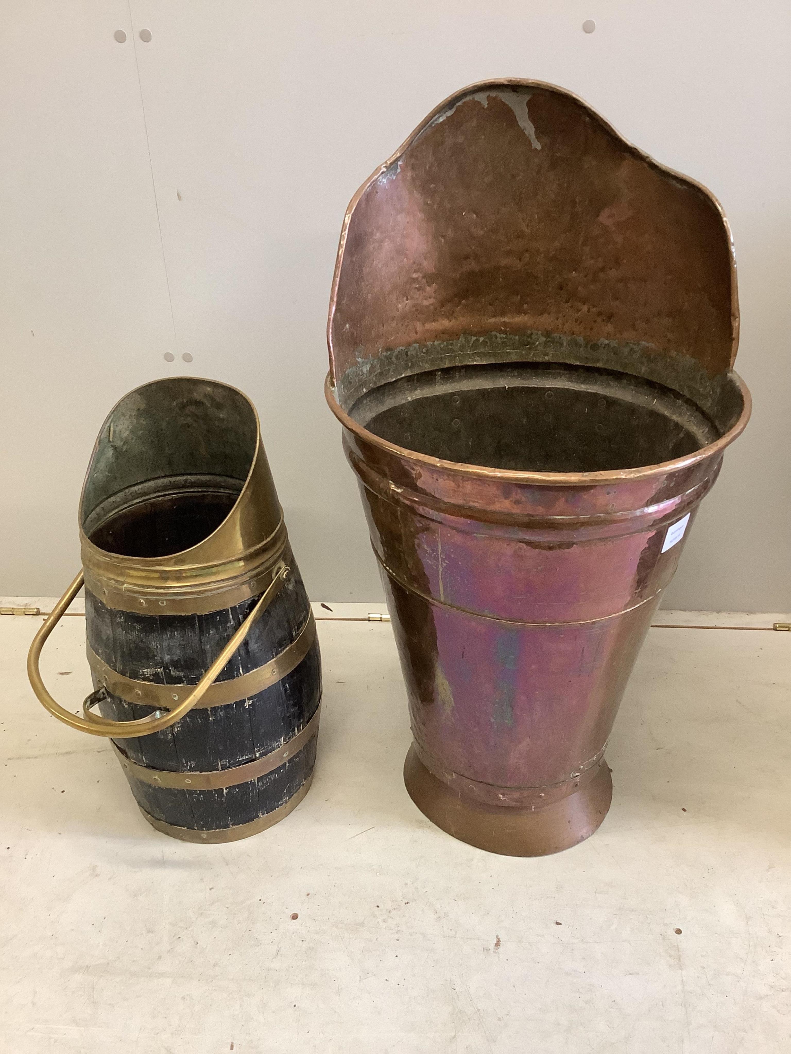 A 19th century French copper grape pickers hod, height 85cm together with a brass bound staved oak coal scuttle. Condition - poor to fair                                                                                   