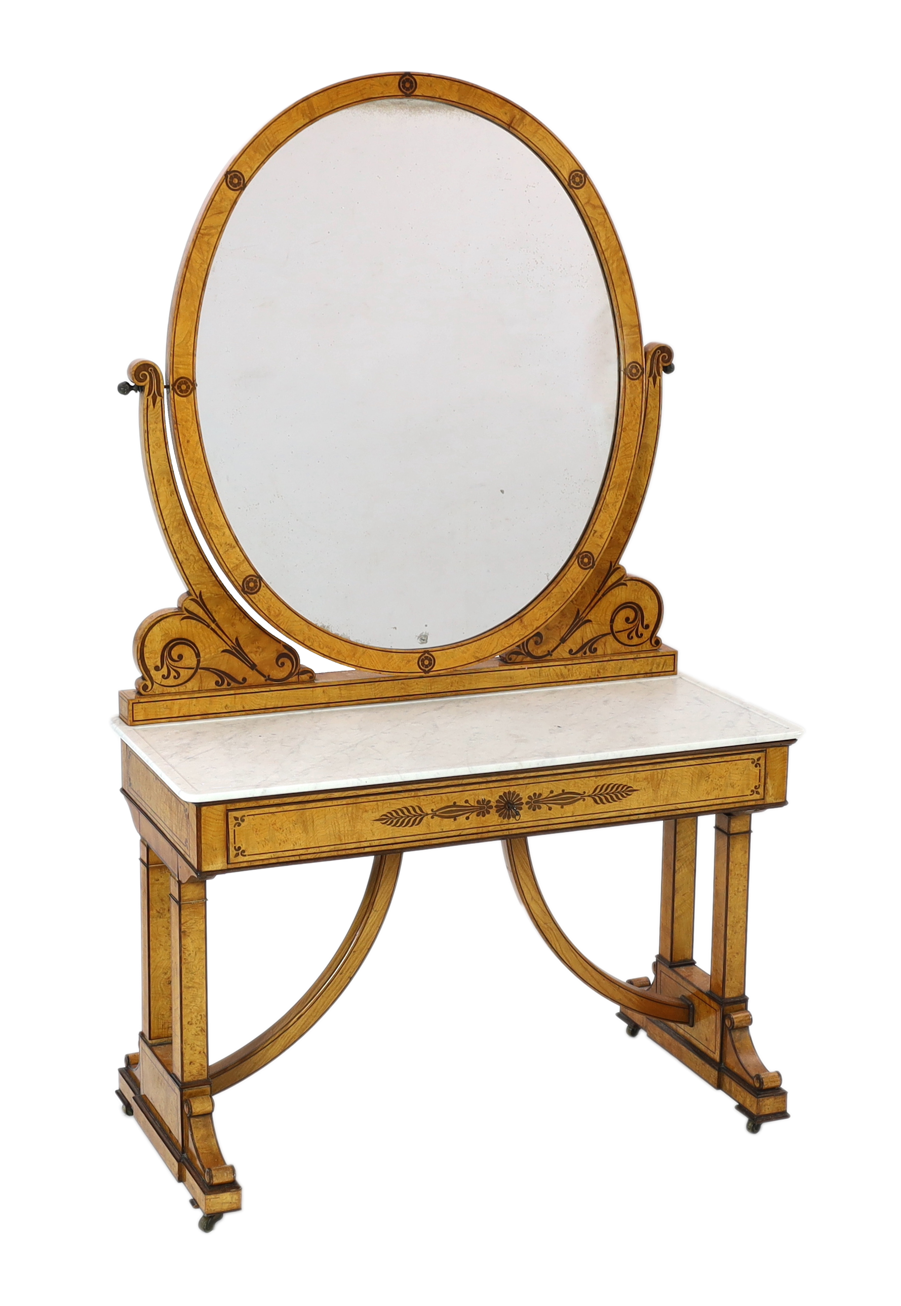 A Victorian Grecian Revival marquetry inlaid pollard oak dressing table, 11cm wide, 53cm deep, 181cm high                                                                                                                   