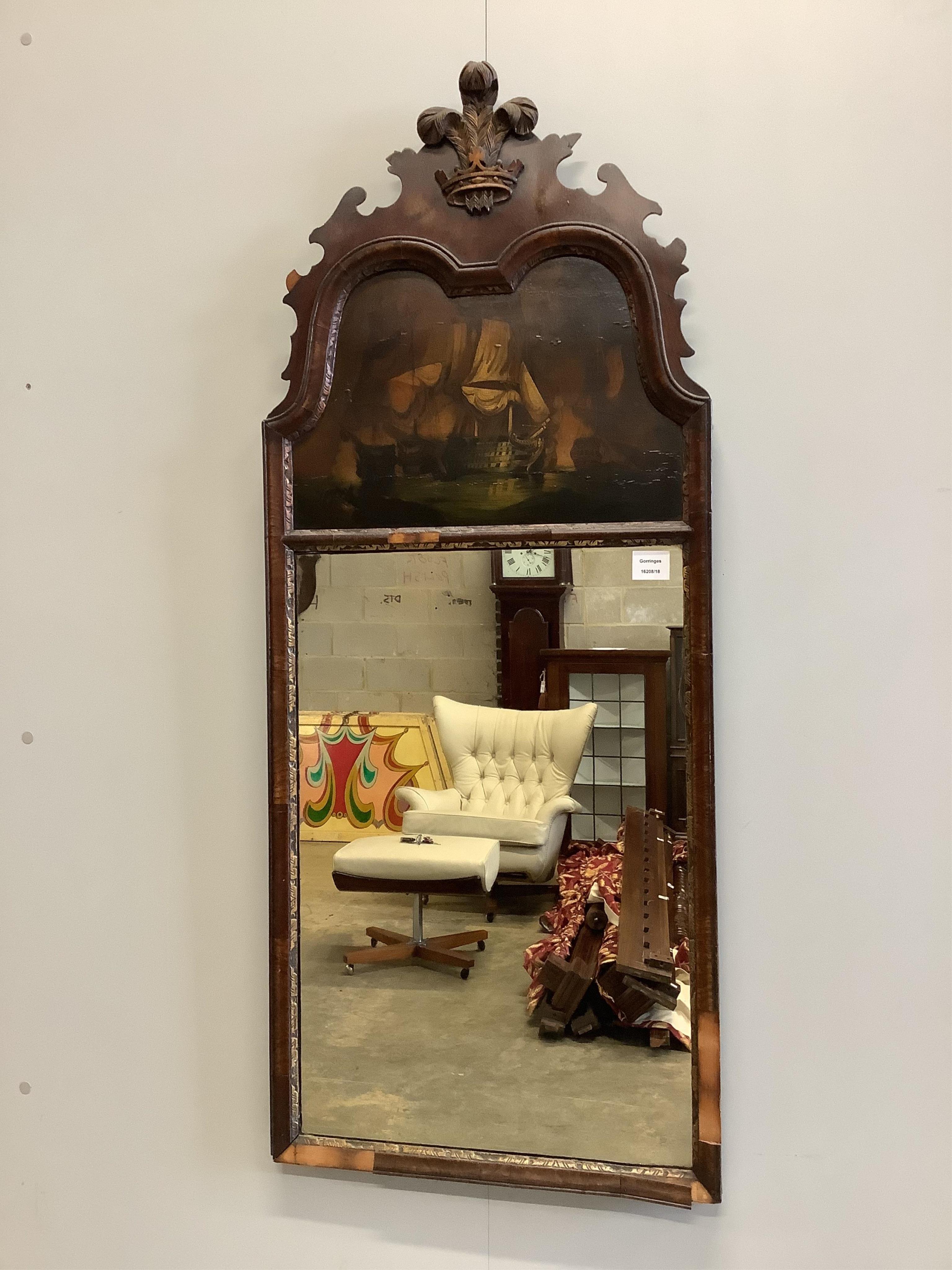 An 18th century style mahogany fret cut wall mirror, with painted decoration, width 51cm, height 124cm. Condition - poor                                                                                                    