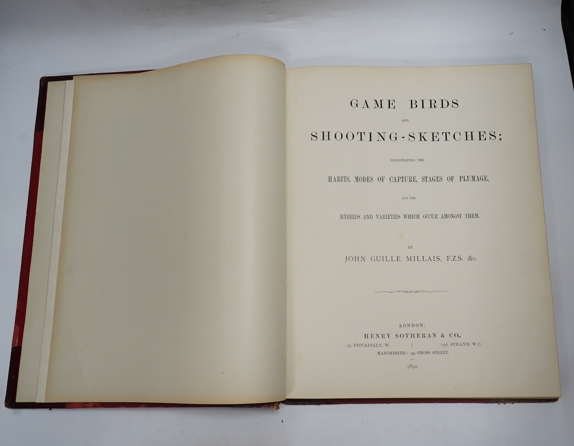 Millais, John Guille - Game Birds and Shooting - Sketches ... port. frontis. (Thomas Bewick), 15 coloured and 18 autotype plates (with guards), num. text illus.; original red half morocco and cloth, gilt lettered upper b