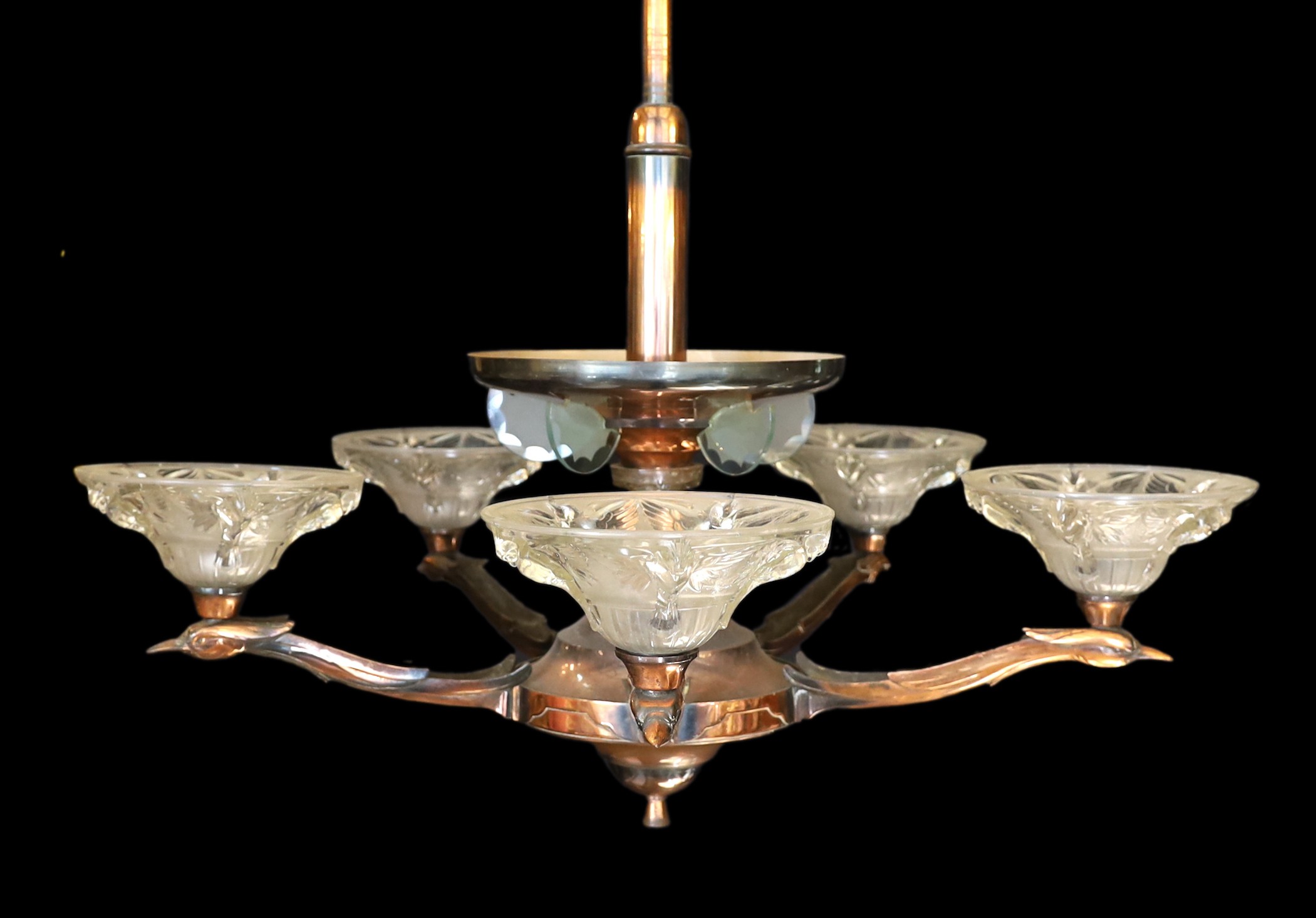 A Boris Lacroix Art Deco copper and frosted glass light fitting, height 84cm. width 82cm                                                                                                                                    
