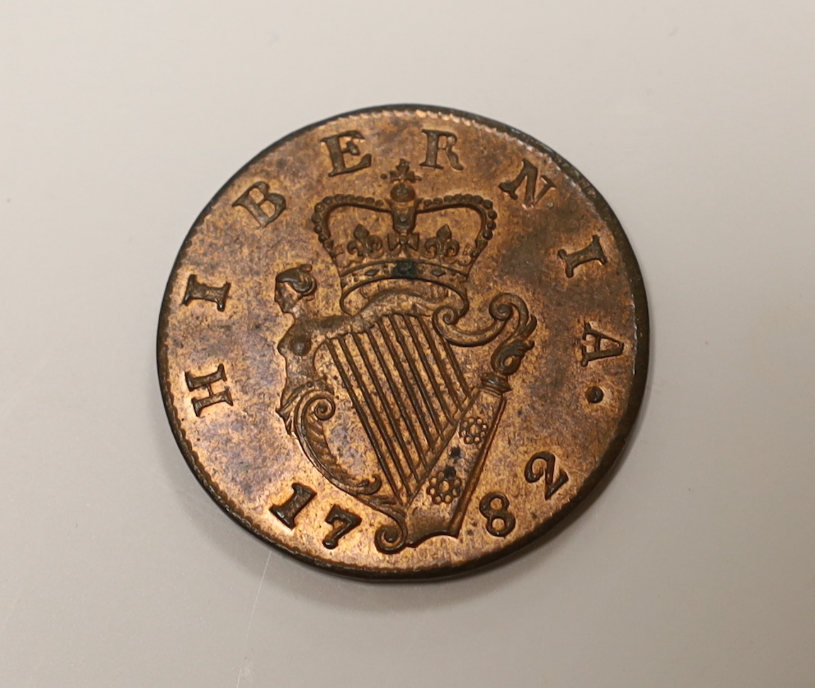 Ireland coins, George III (1760-1820), proof Halfpenny, 1782, laureate bust right, rev. crowned harp dividing date (S.6614), minor imperfections otherwise as struck with attractive red lustre                             