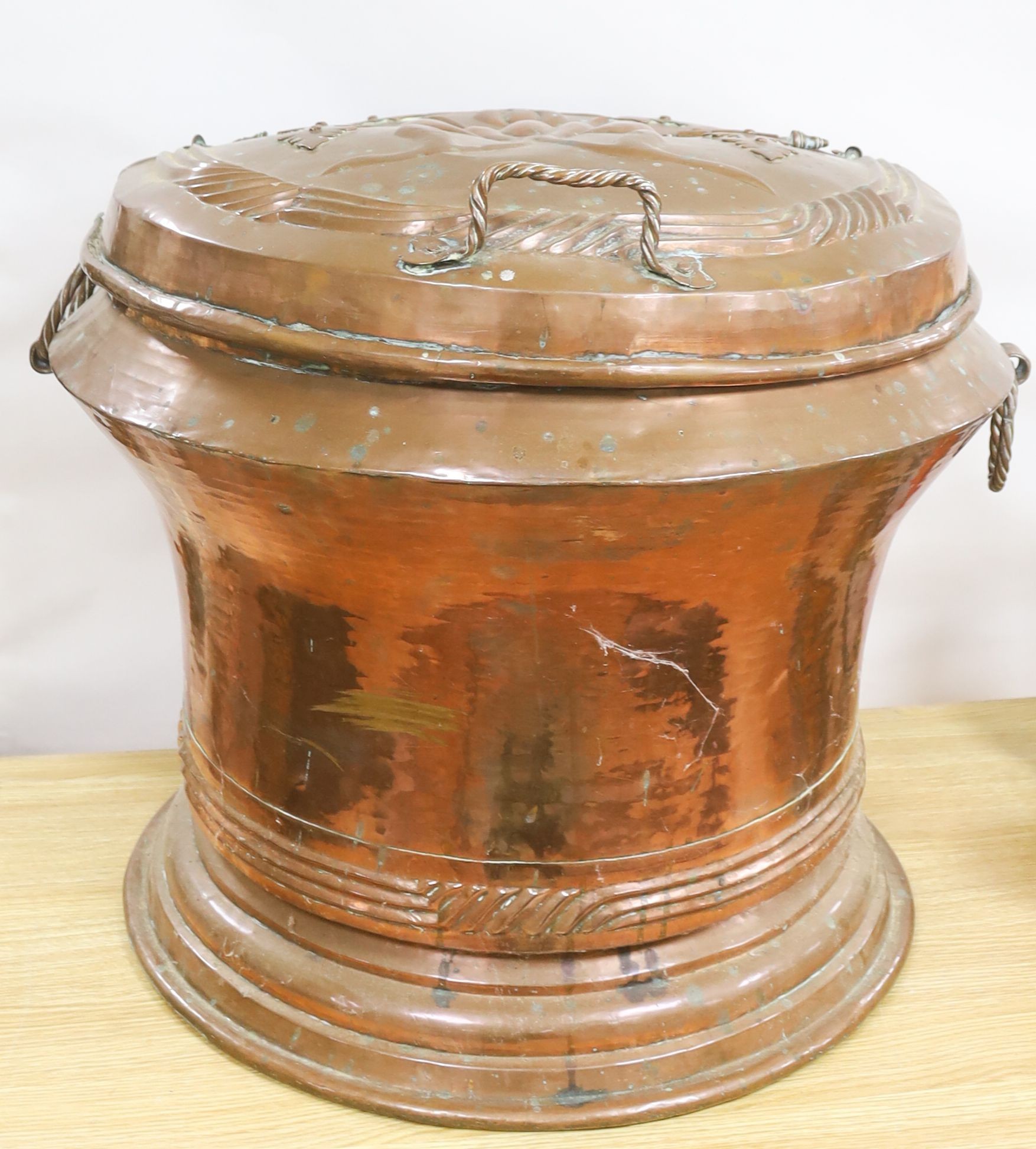 A large French provincial Art Nouveau copper lidded bin with handles 57cm                                                                                                                                                   