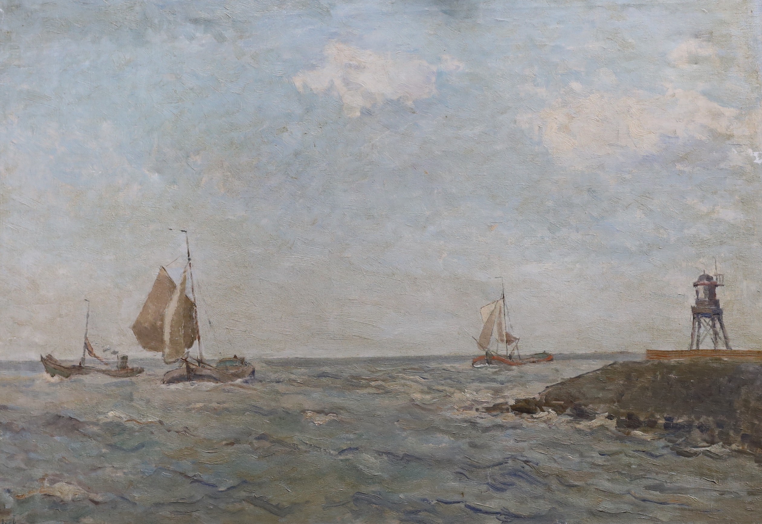 Jagt, oil on canvas, Sail barges entering harbour, indistinctly signed, 51 x 71cm, unframed                                                                                                                                 