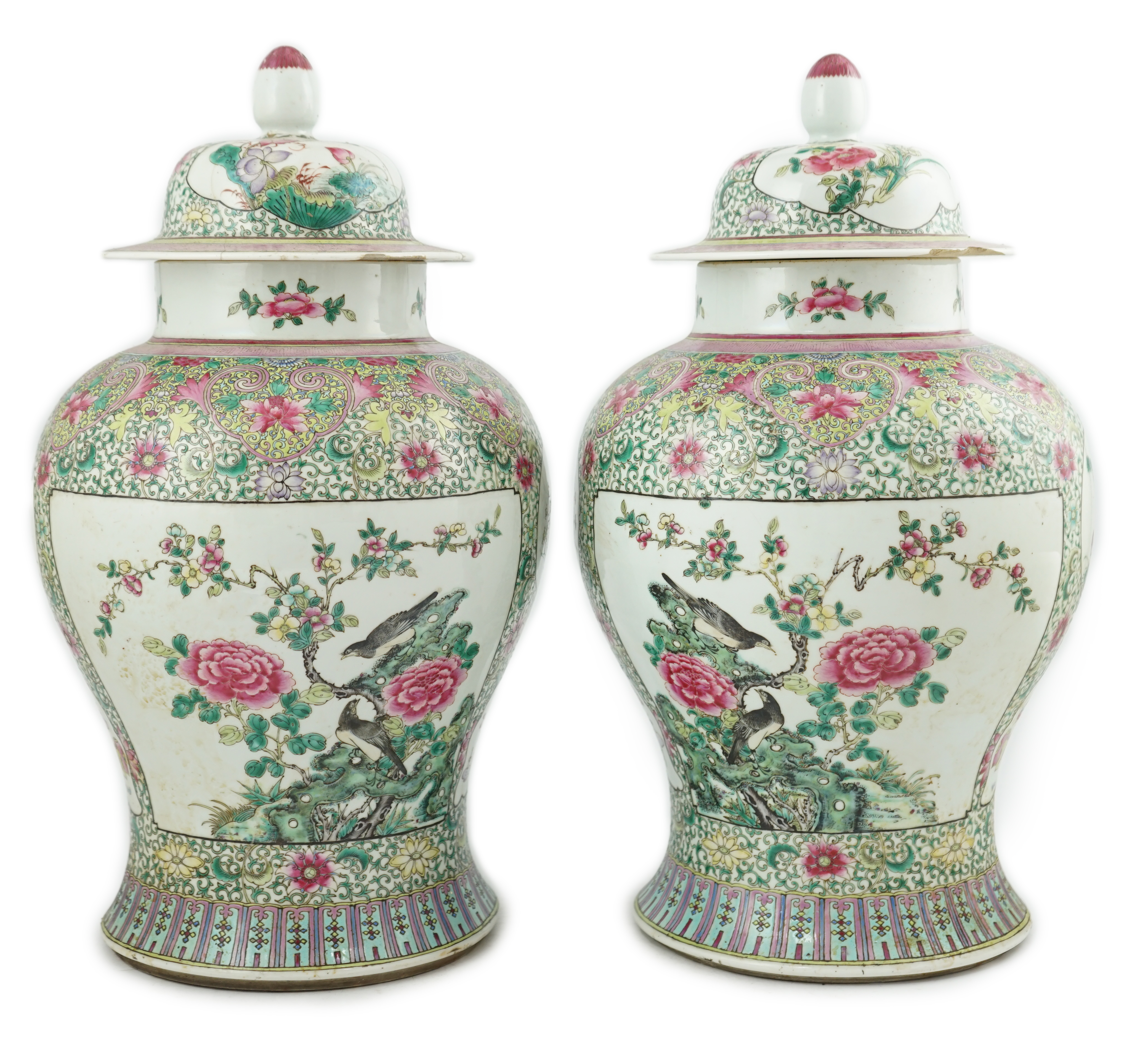 A pair of large Chinese famille rose baluster jars and covers, Qianlong seal mark, but late 19th century                                                                                                                    