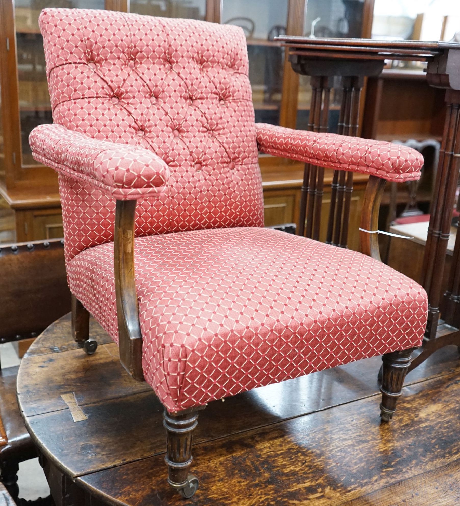A Victorian mahogany upholstered armchair, width 64cm, depth 60cm, height 80cm                                                                                                                                              