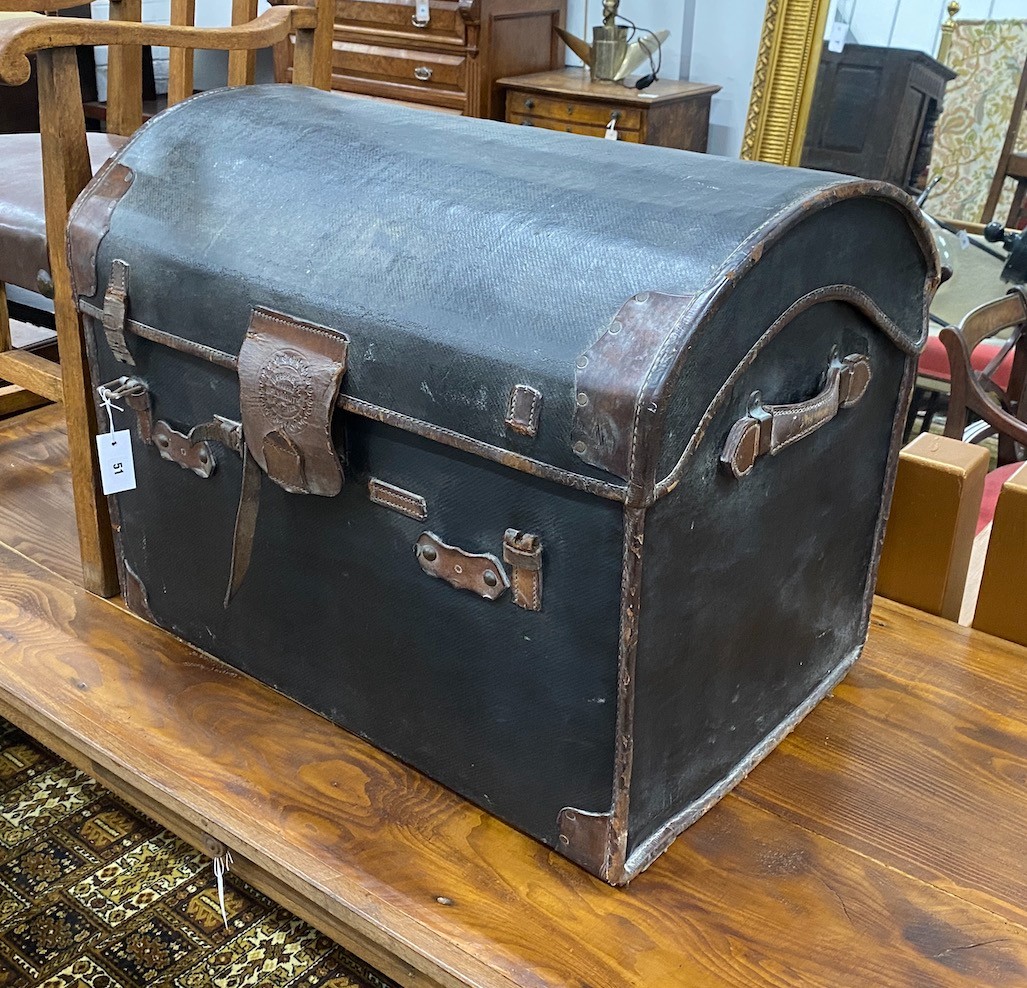 A Victorian leather dome top trunk with original interior by Webb & Son, Plymouth and Exeter, length 77cm, depth 52cm, height 62cm                                                                                          