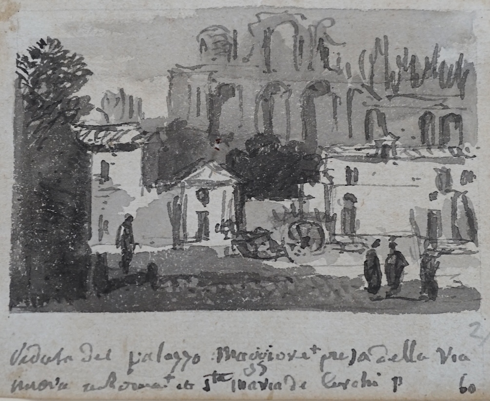 Two 18th / 19th century monochrome and sepia ink sketches, Italian views, one by Victor Jean Nicolle (French, 1754-1826), 'The Palazzo Maggiore near the Via Nuova', Abbott & Holder inscribed gallery label verso, largest 