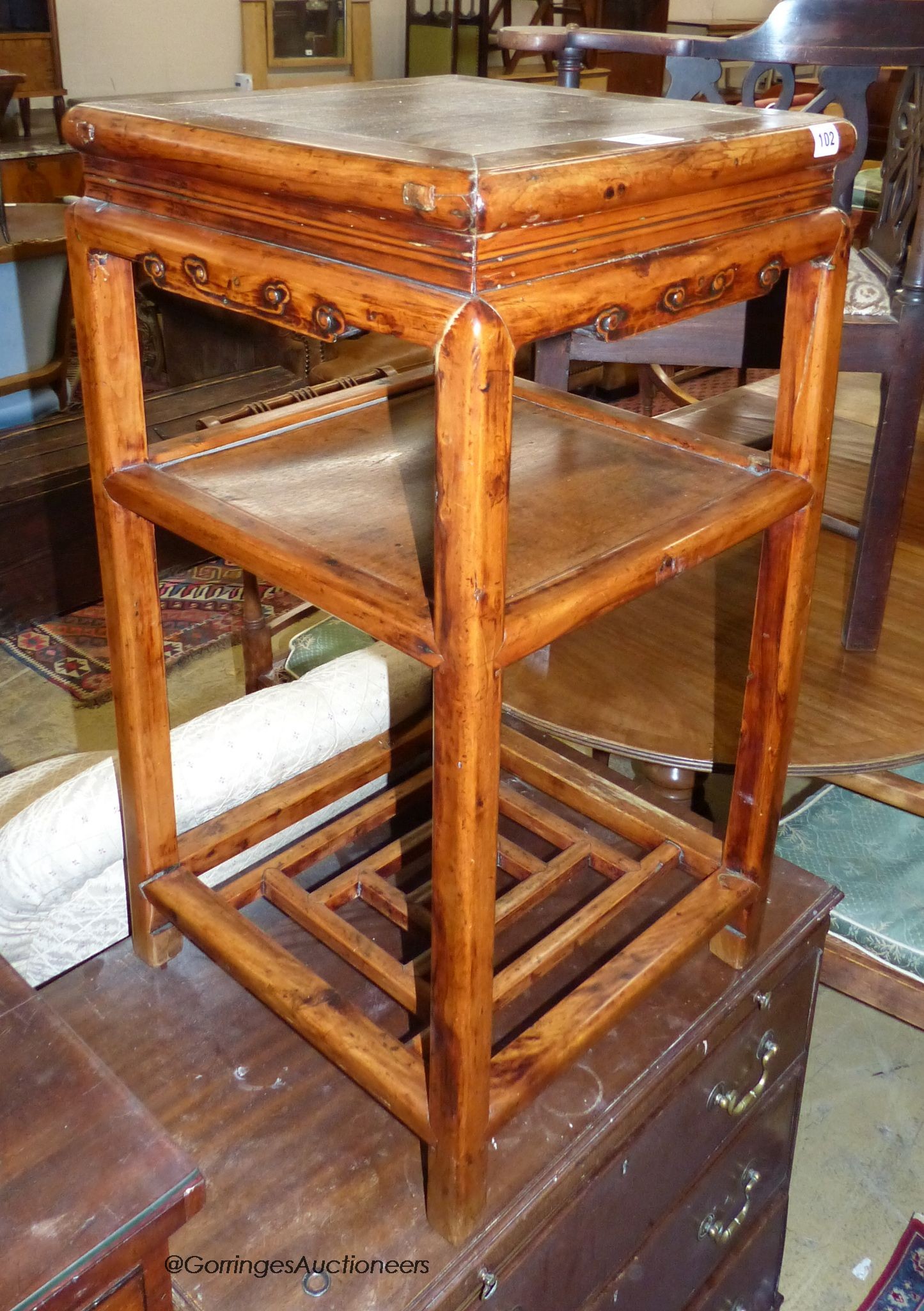 A small Chinese elm two tier vase stand, width 40cm, depth 40cm, height 75cm                                                                                                                                                