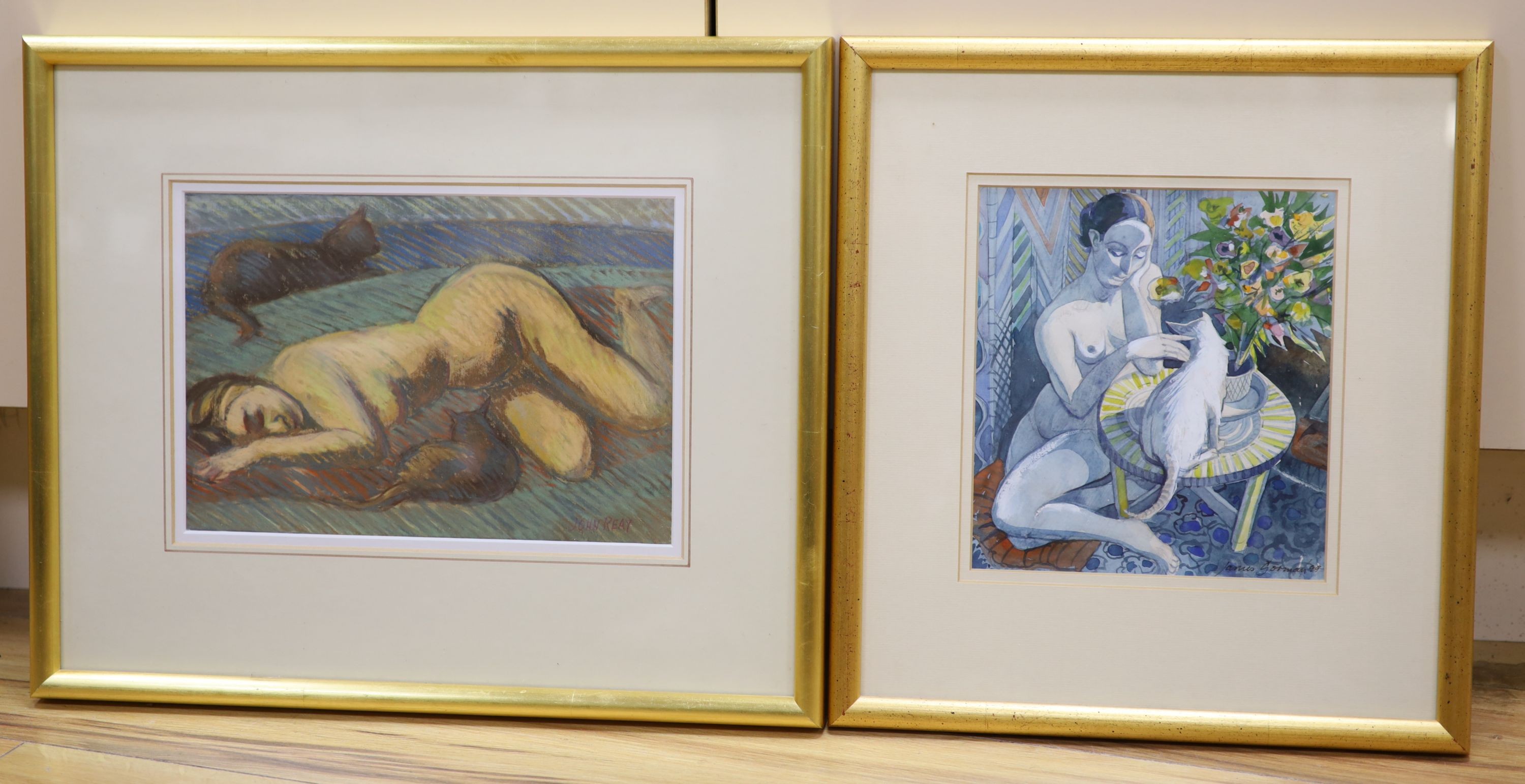 John Reay (1947-2011), pastel, reclining nude , 19 x 27cm. and James Gorman (1931-2005), watercolour, nude with cat, 20 x 18cm.                                                                                             