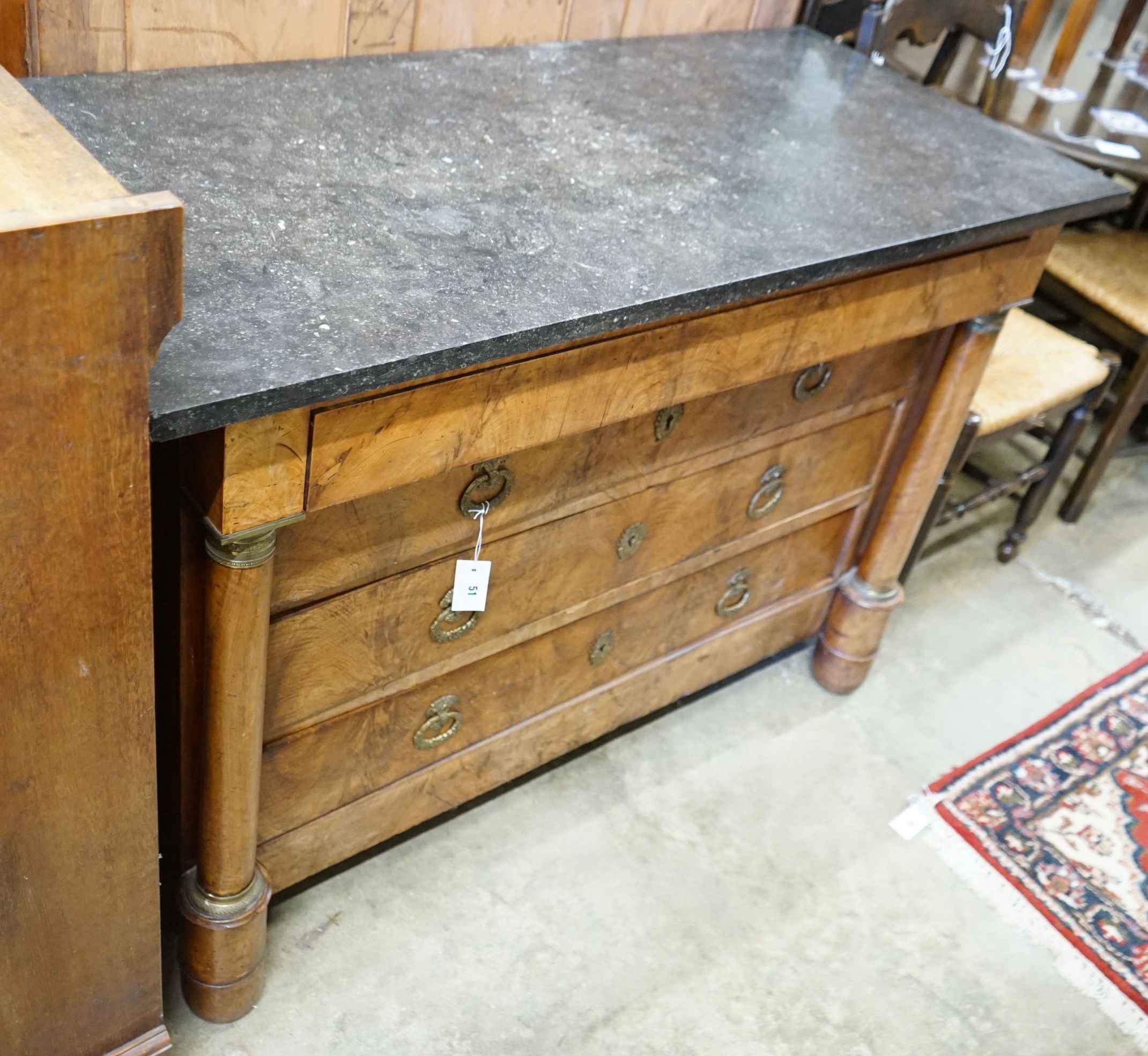 A 19th century French Empire style marble top walnut commode, width 130cm, depth 58cm, height 89cm                                                                                                                          