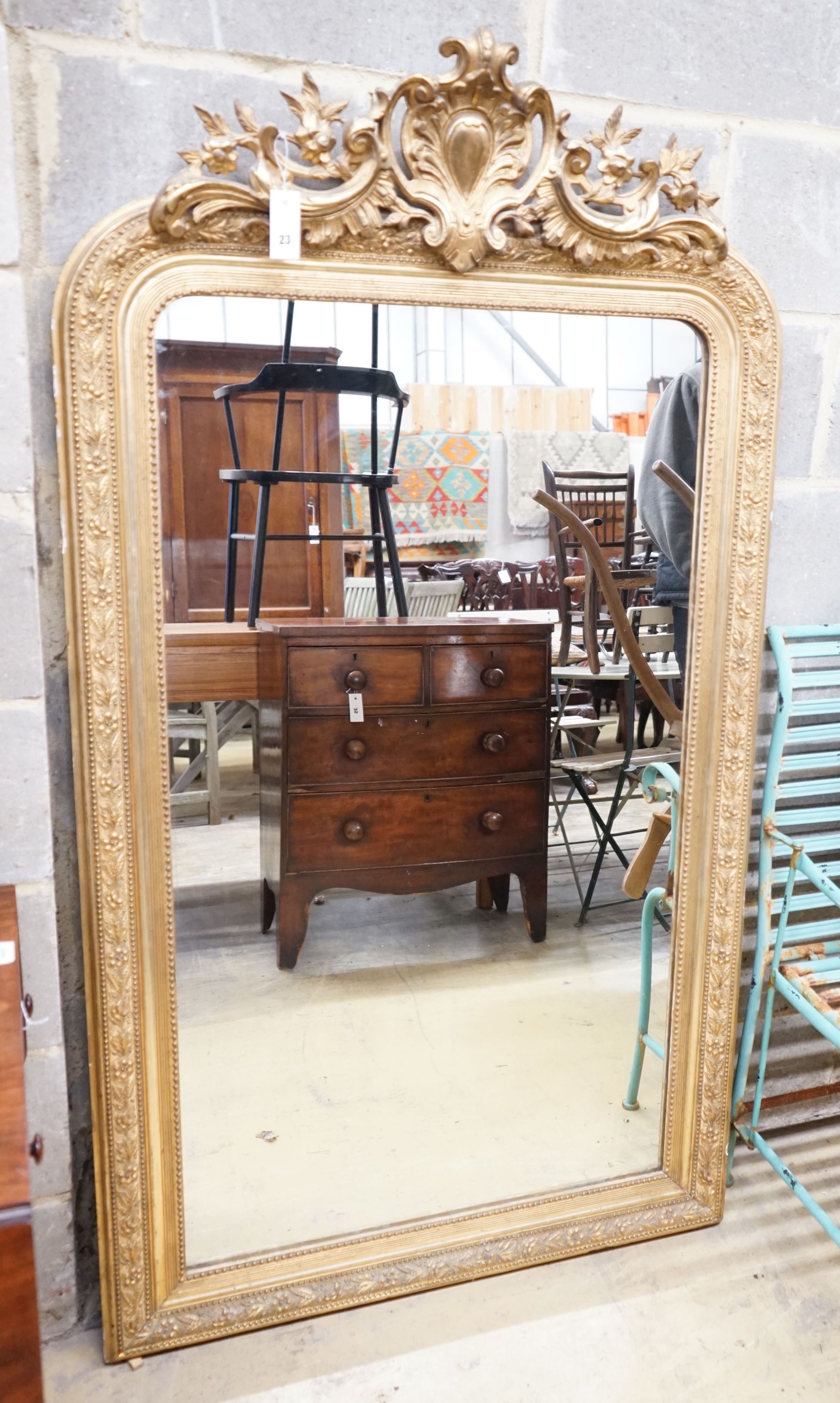A 19th century French giltwood and gesso overmantel mirror, width 91cm, height 166cm                                                                                                                                        