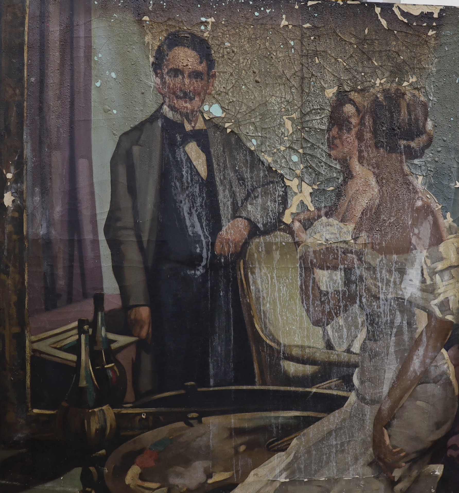 William Merrett Hodges (1881-1961), oil on canvas, Self portrait of the artist and two ladies, signed, 115 x 112cm, (unframed and fire damaged)                                                                             