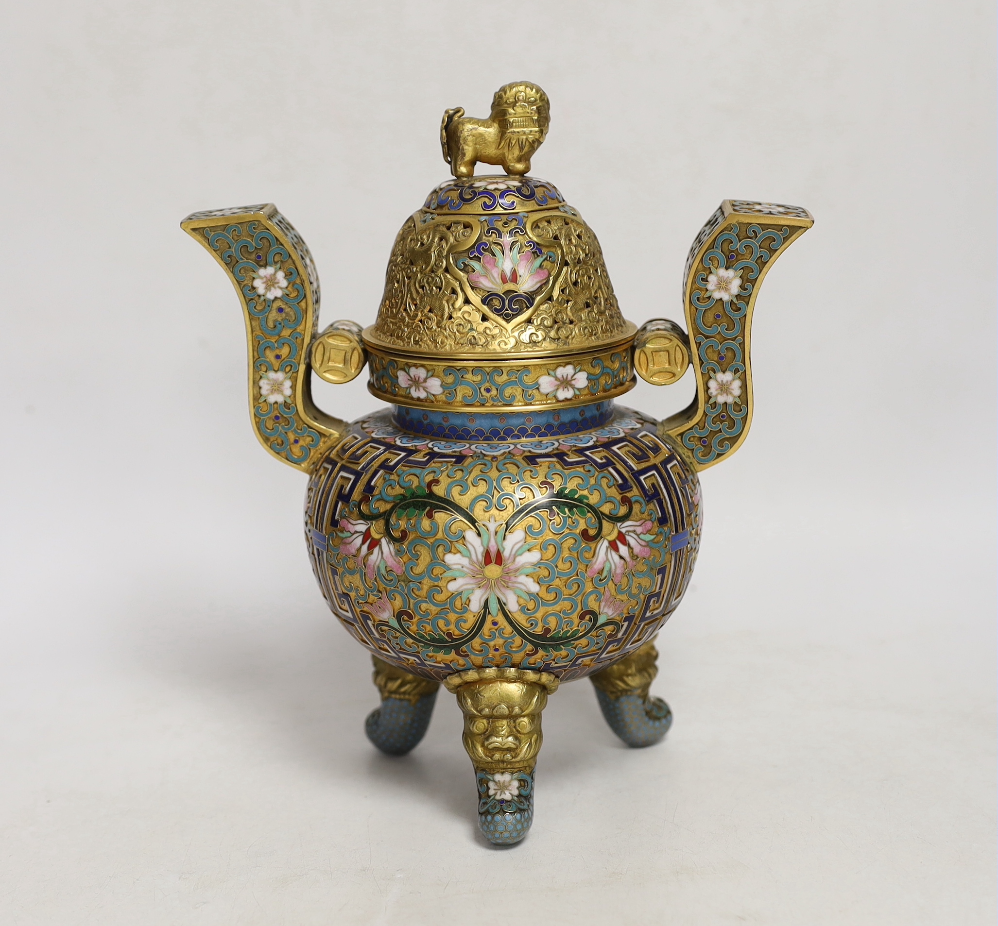 A Chinese cloisonné enamel tripod censer and cover, 22cm high including cover                                                                                                                                               