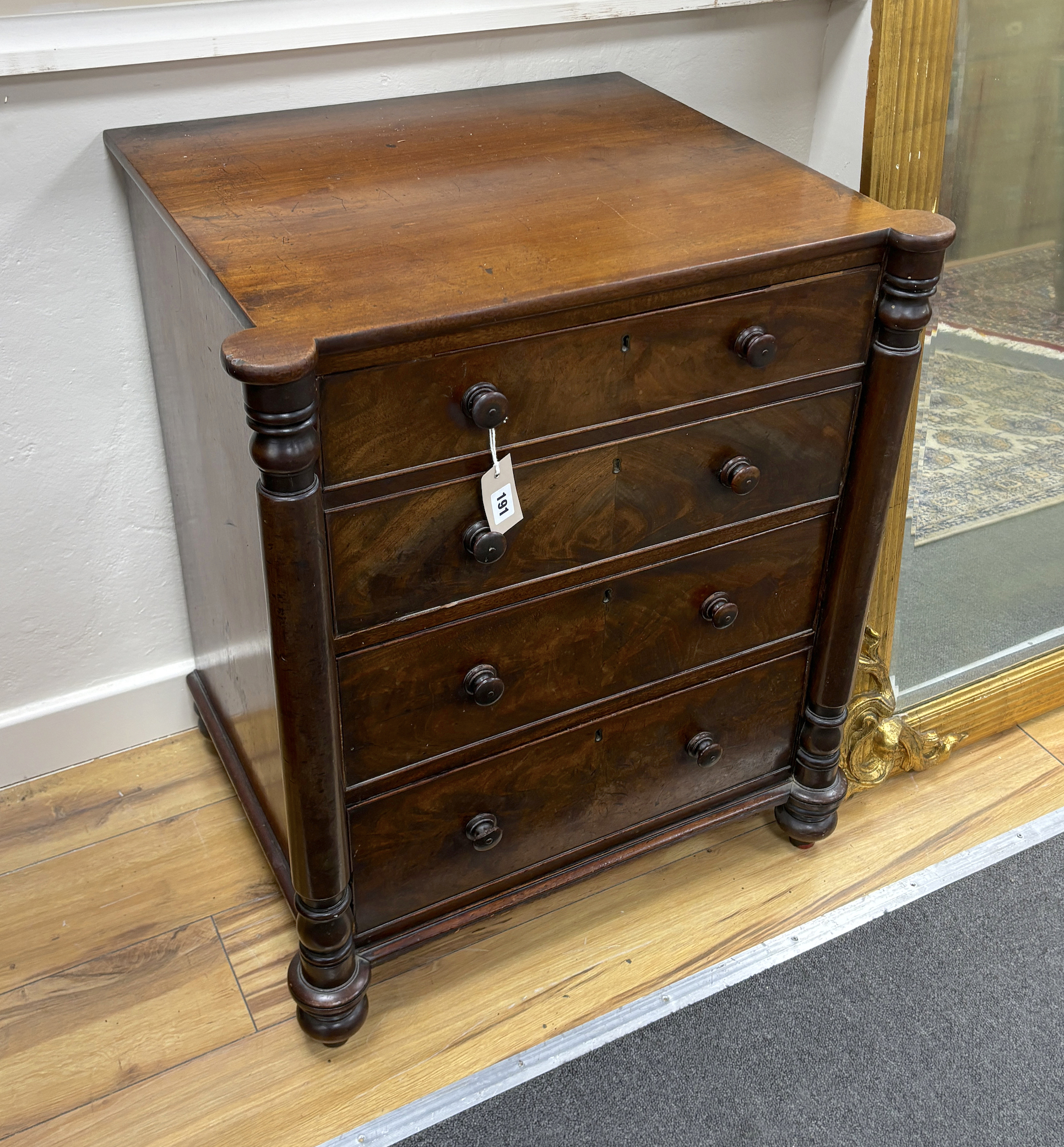A small Regency mahogany four drawer chest, width 64cm, depth 53cm, height 76cm                                                                                                                                             