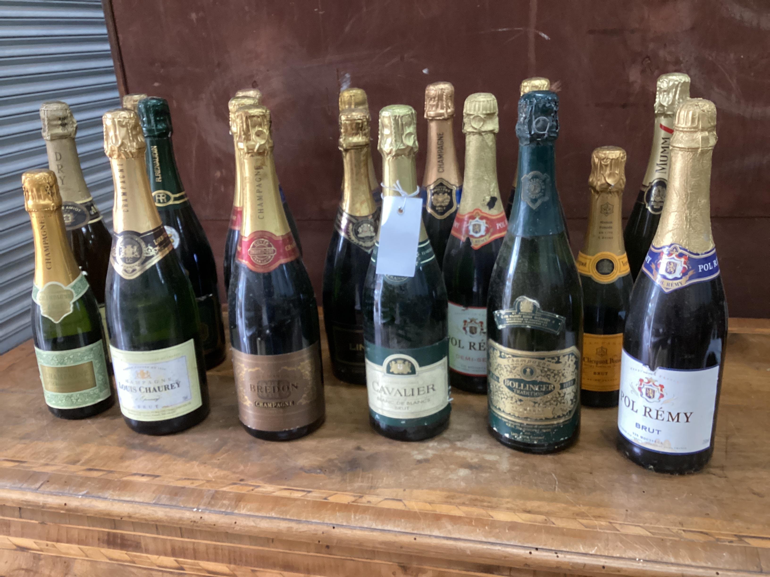 18 bottles of champagne and sparkling wine to include Bollinger, Pol Remy, Mumm and Brendon.                                                                                                                                