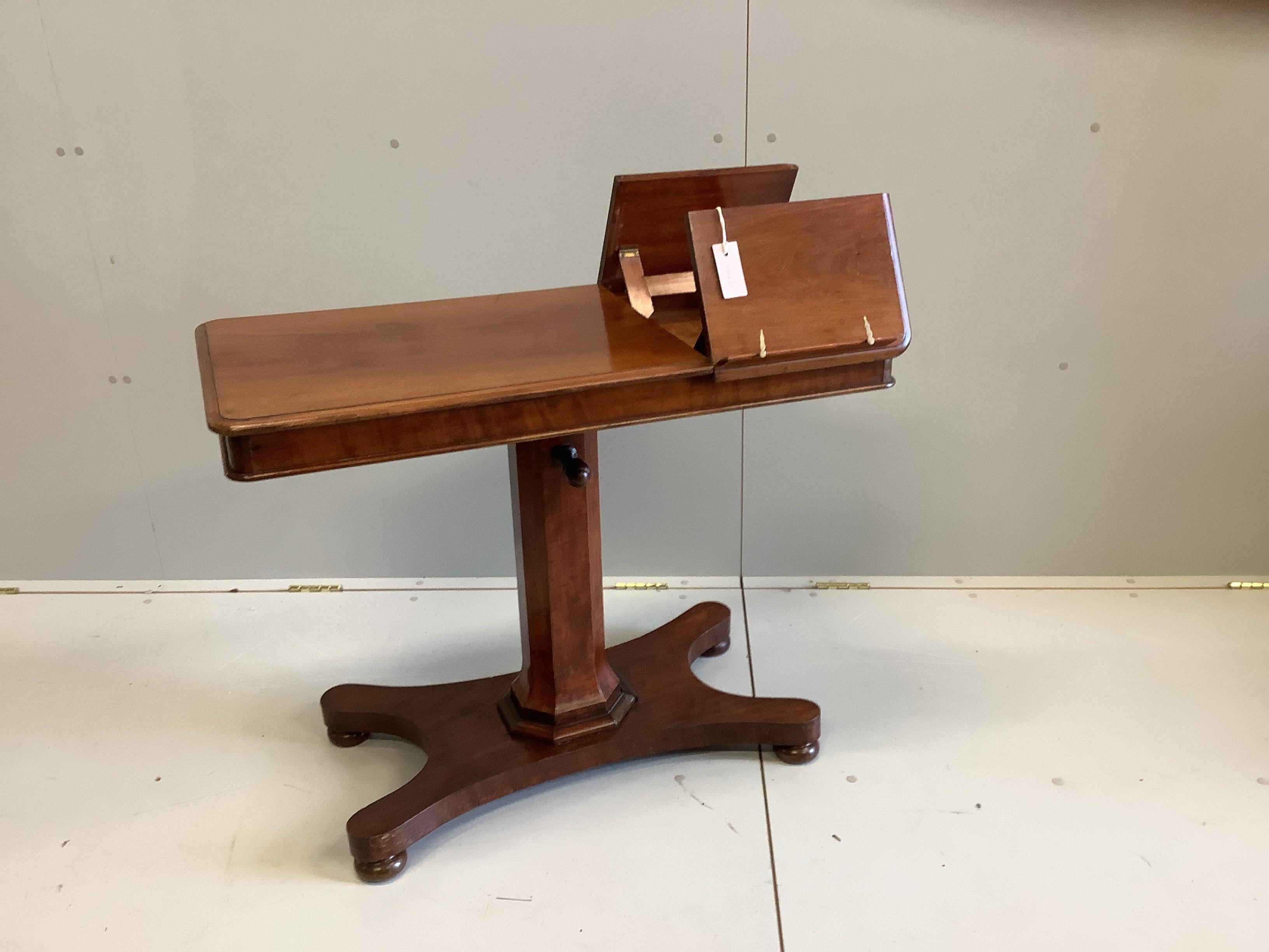 A mid Victorian mahogany adjustable reading table, width 91cm, depth 45cm, height 72cm                                                                                                                                      