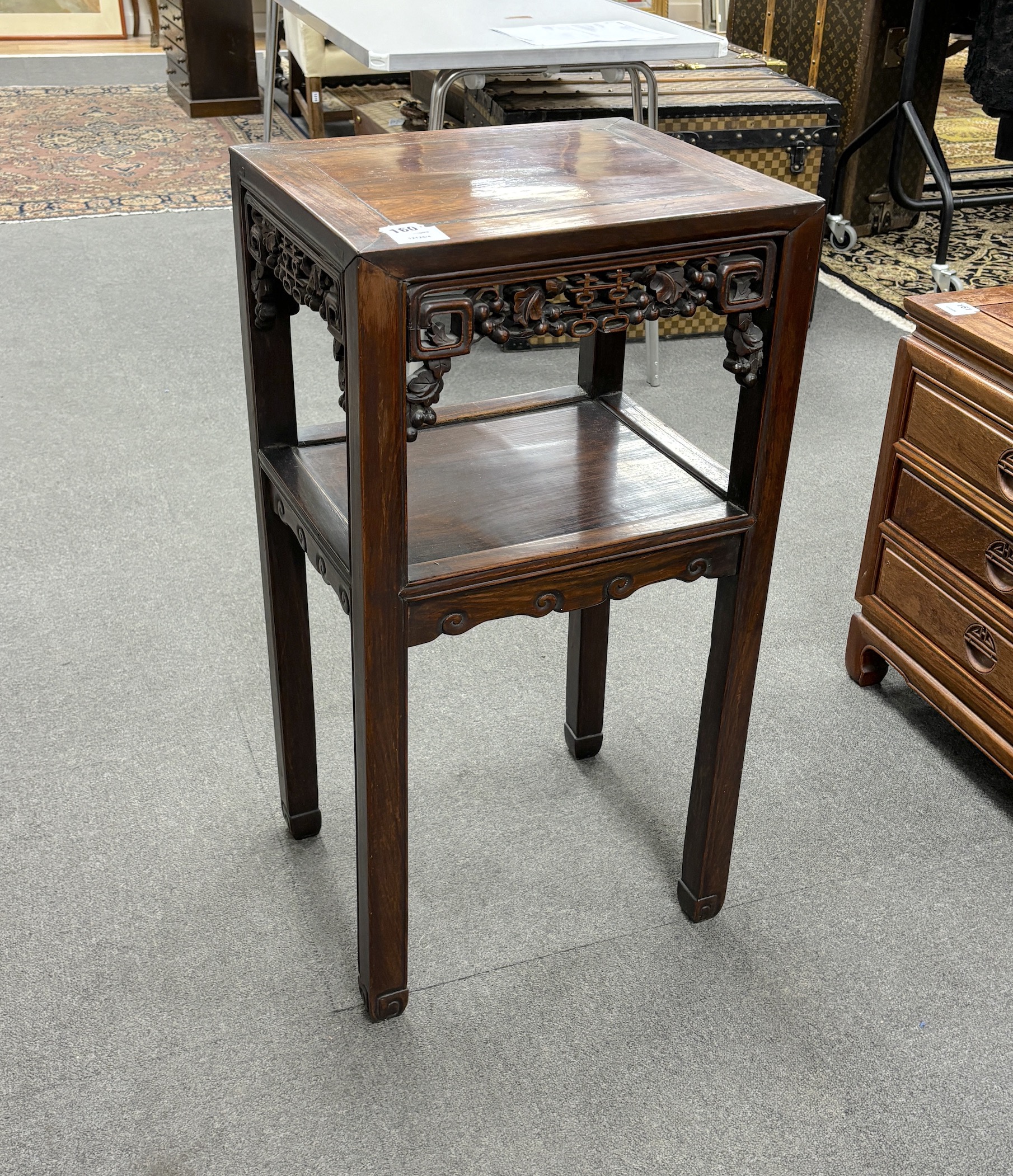 A Chinese rectangular hardwood two tier vase stand, width 41cm, depth 34cm, height 80cm                                                                                                                                     