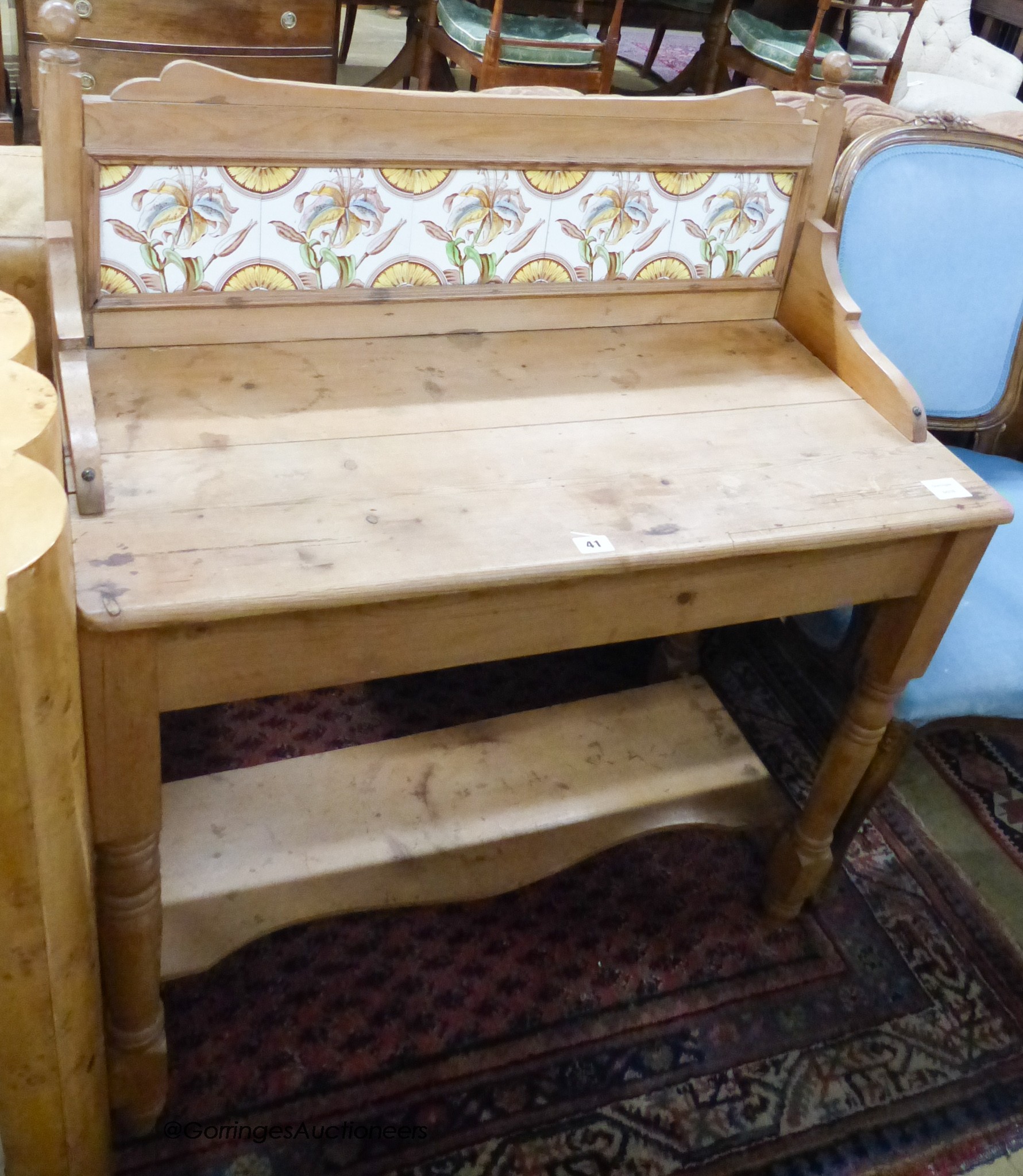 A Victorian small pine tile back wash stand, width 85cm, depth 43cm, height 102cm                                                                                                                                           