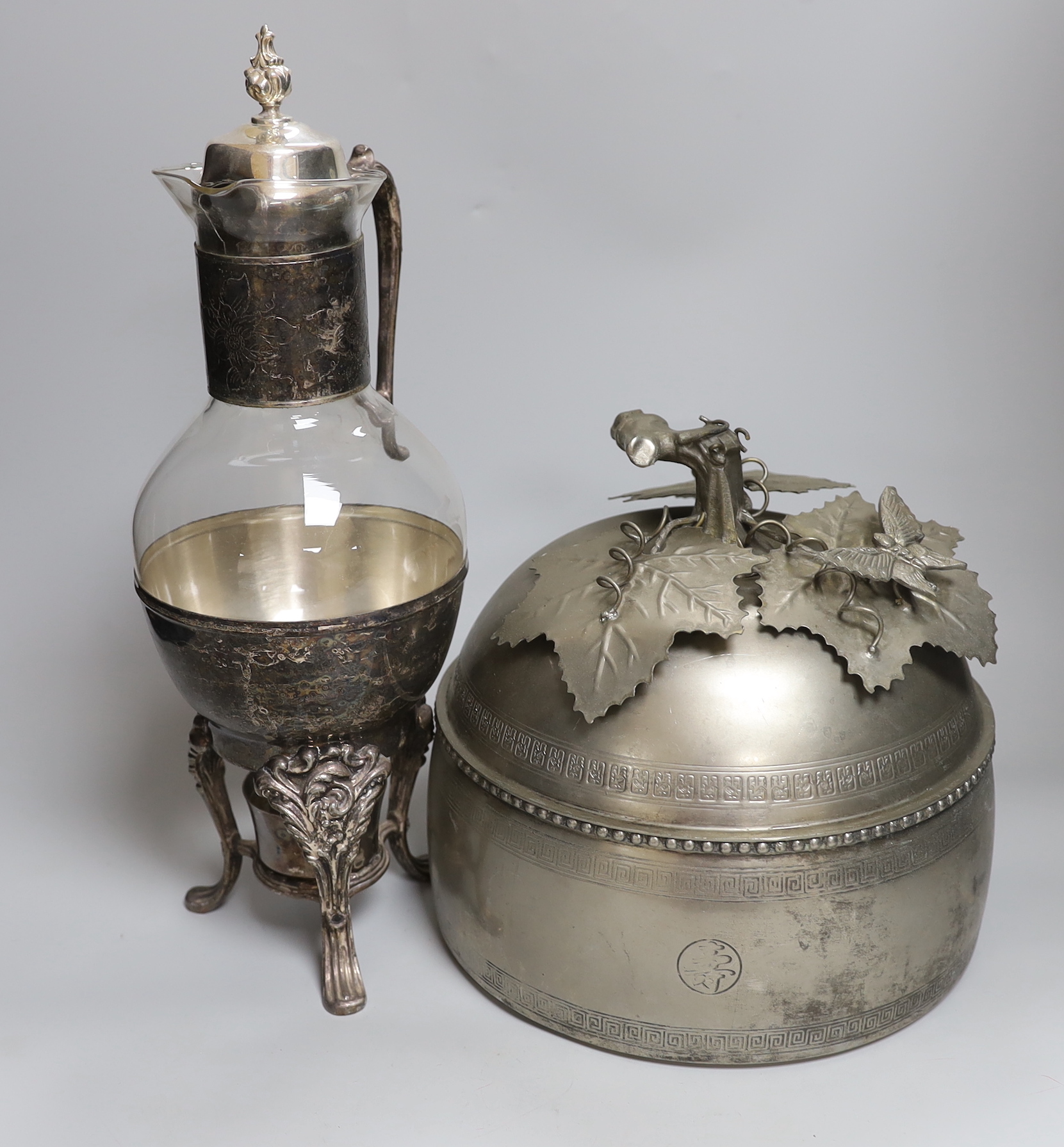 A claret jug (brandy warmer) with stand and burner and a Chinese fruit box, tallest 40cm                                                                                                                                    