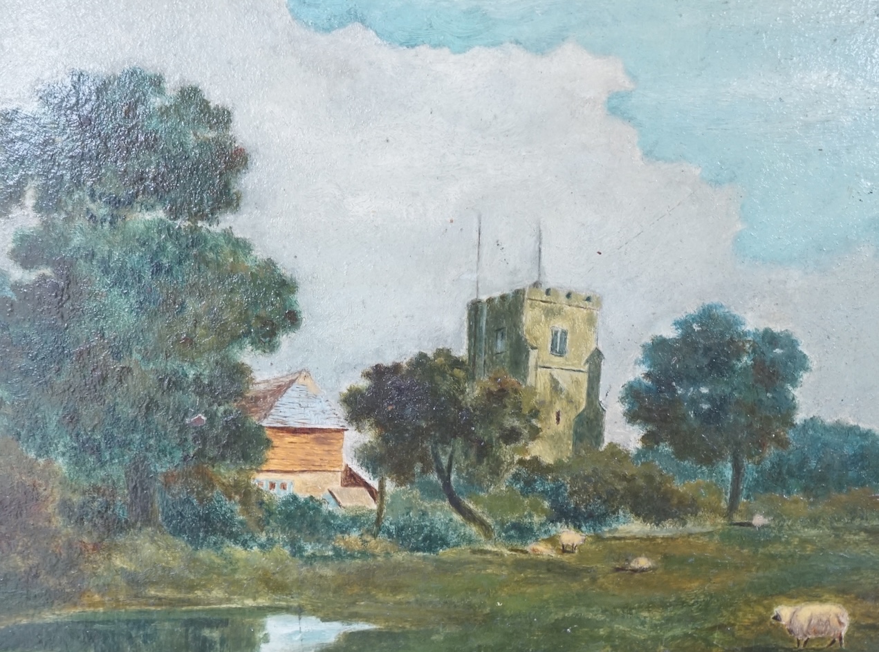 Naive school, oil on board, Landscape with sheep before a church, unsigned, 16 x 22cm, gilt framed. Condition - fair to good                                                                                                