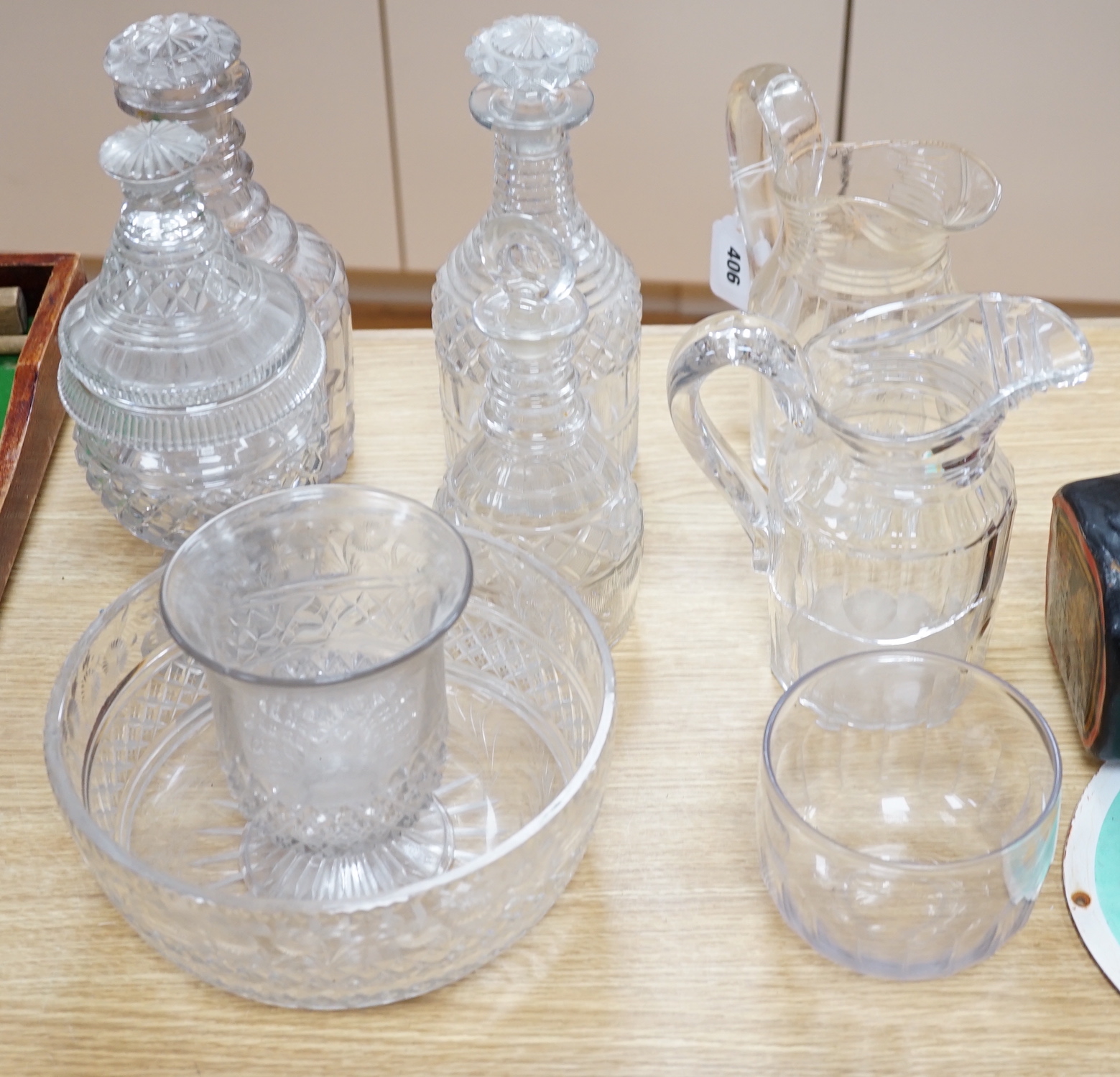 Collection of Regency and later glassware including decanters, jugs and a Bon Bon dish, the largest 27cm high                                                                                                               