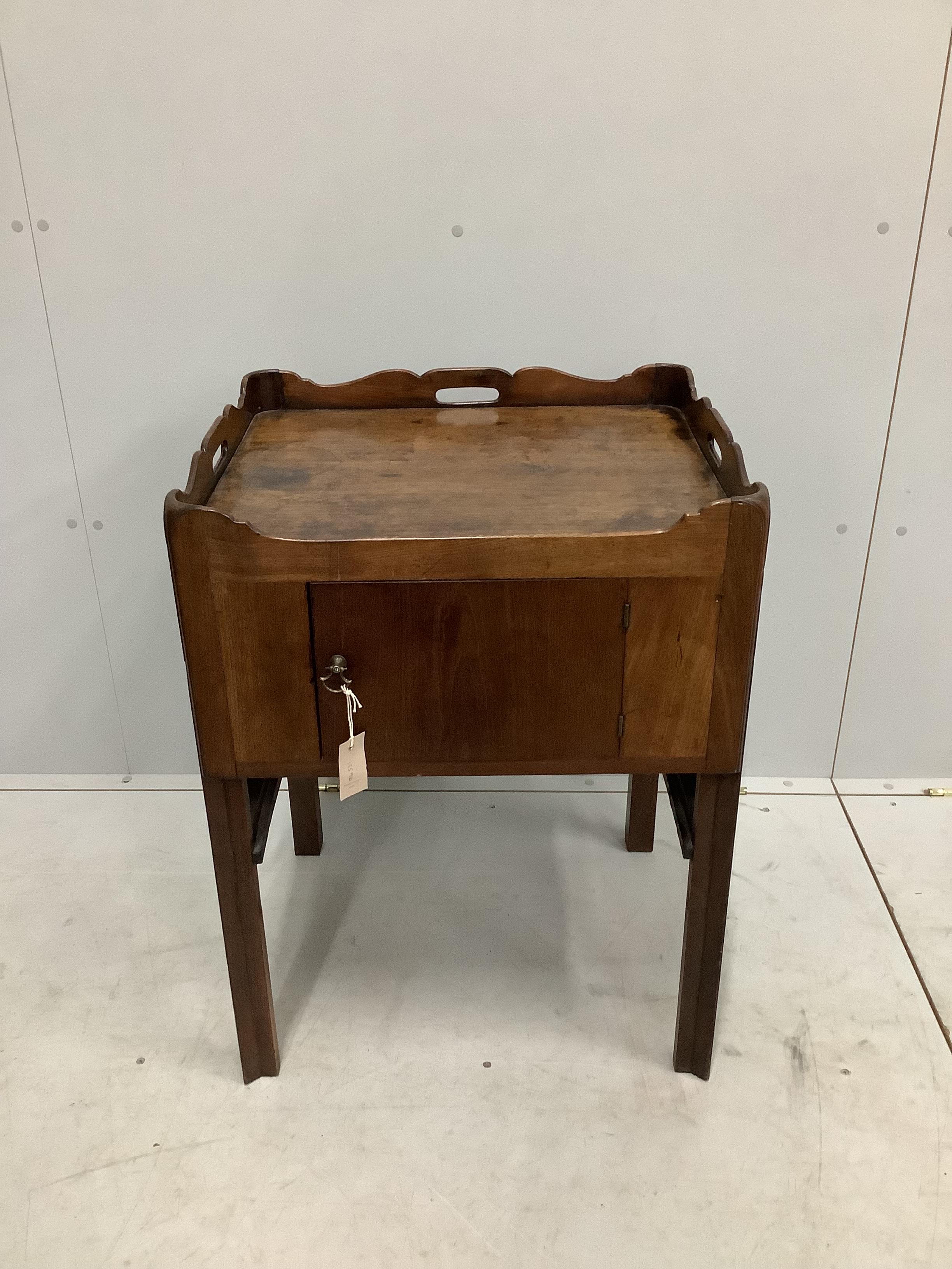 A George III mahogany tray top commode, width 56cm, depth 49cm, height 77cm                                                                                                                                                 