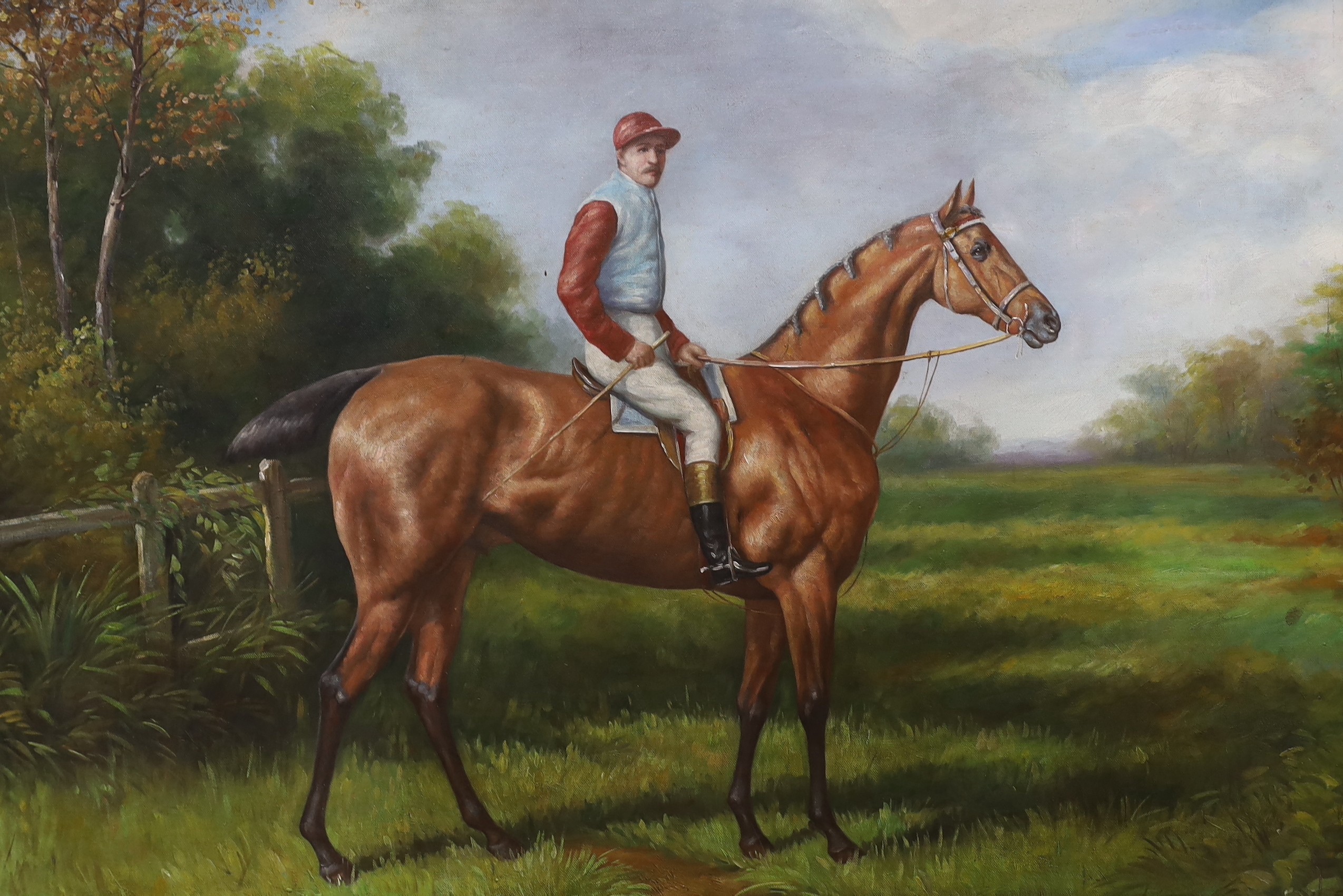 A modern oil on canvas, Portrait of a racehorse with jockey up, 60 x 90cm                                                                                                                                                   