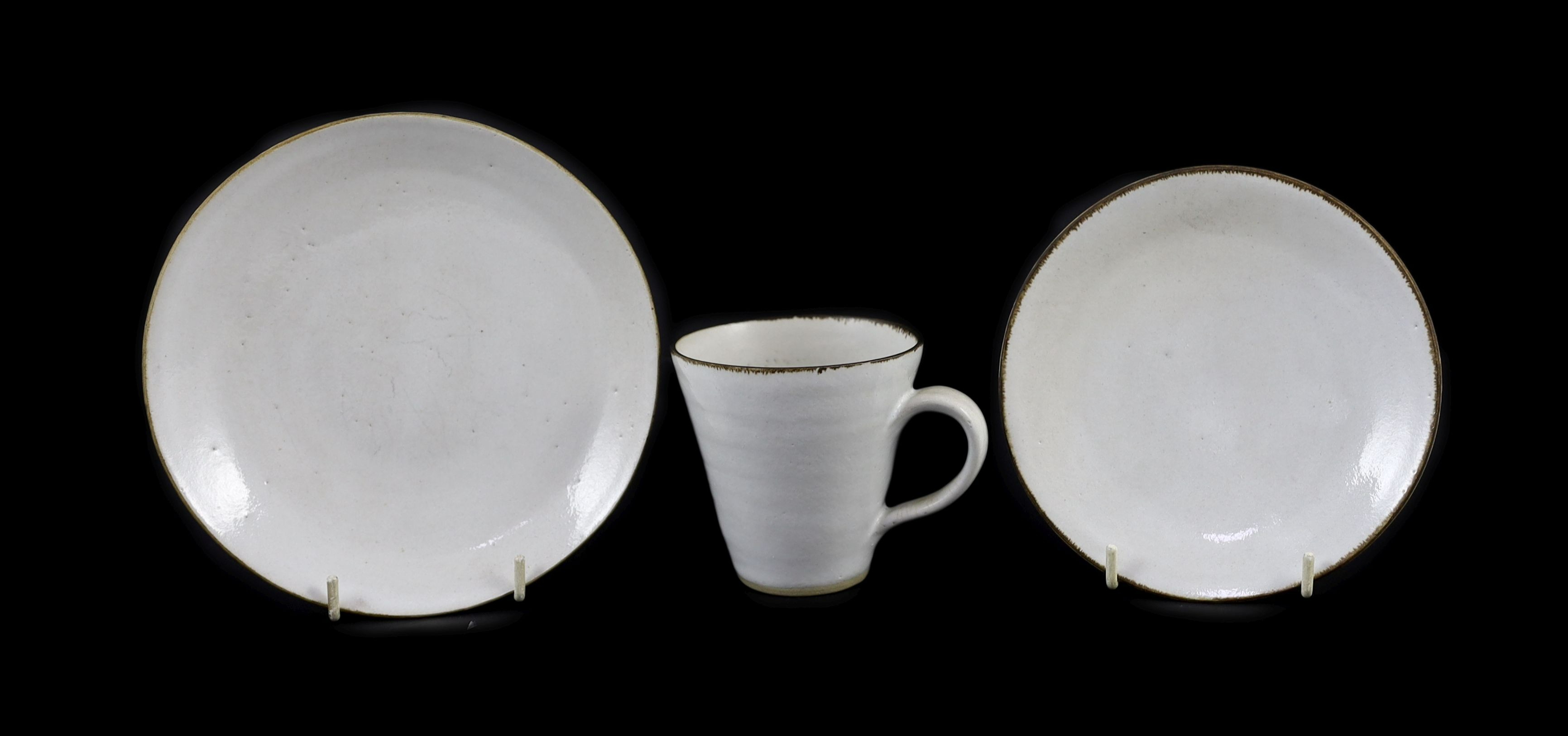 Dame Lucie Rie (1902-1995) a cup, saucer and side plate, c.1959, Cup 8 cm high                                                                                                                                              