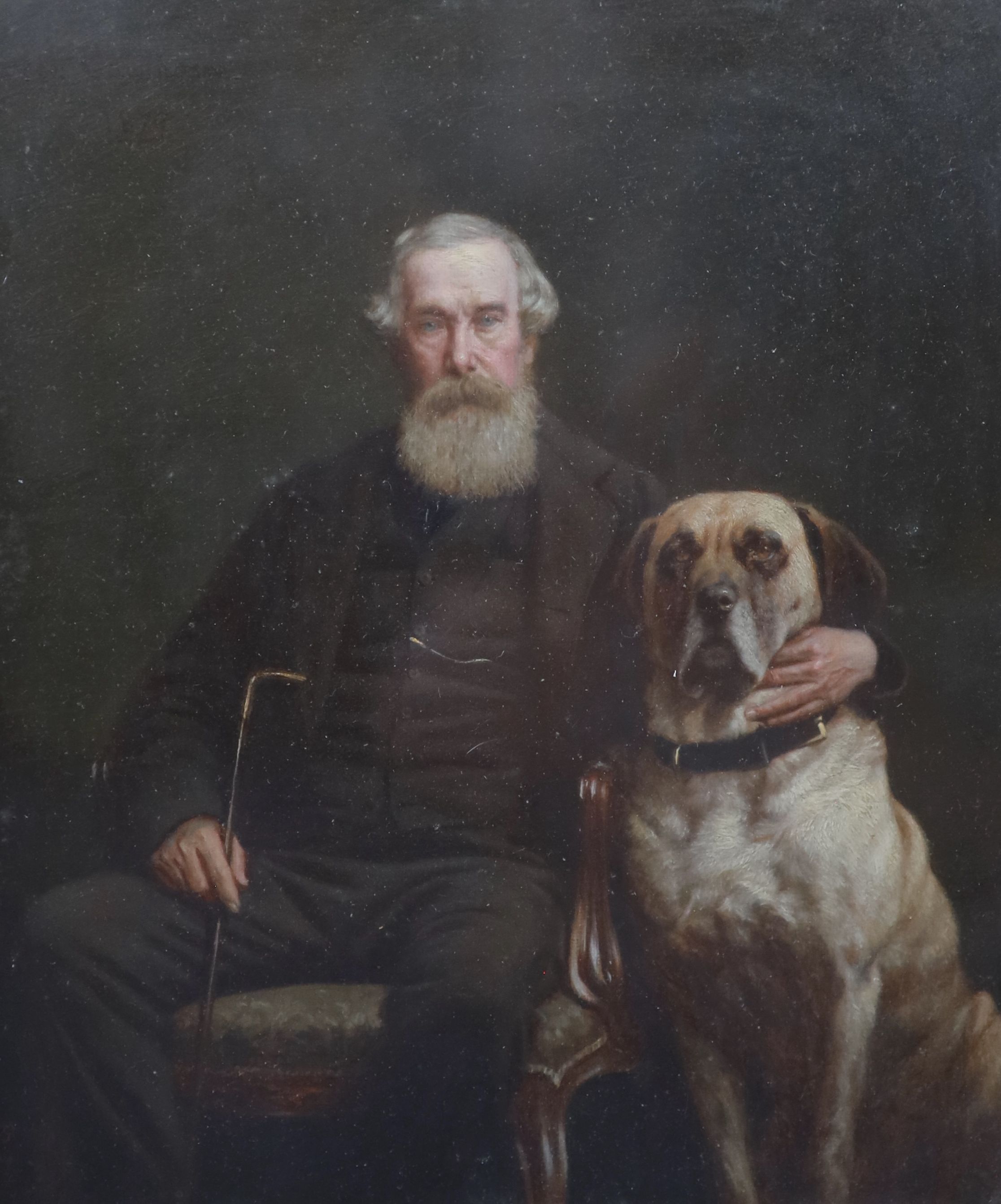 Attributed to Joseph Vernet (aka Vincent) Gibson (active 1860-1890), Portrait of William John Legh, 1st Baron Newton (1828-1898), seated with his dog ‘Row’, Oil on canvas, 30 x 25cm.                                      