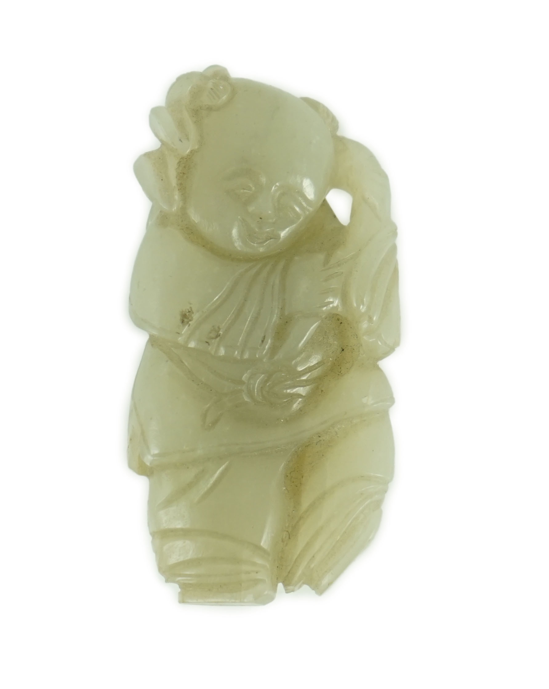 A Chinese celadon jade figure of a boy holding a lotus sprig, 19th century 5.2 cm high                                                                                                                                      