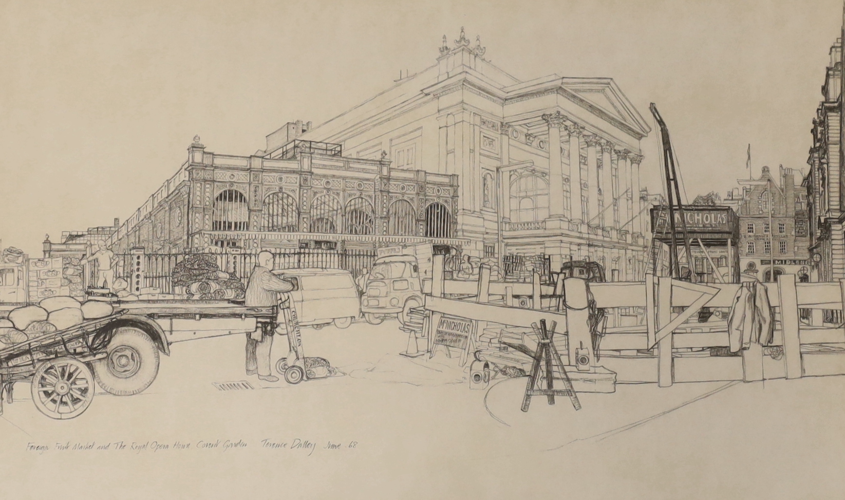 Terence Dalley (1935-), monochrome print, Foreign fruit market and The Royal Opera House, Covent Garden, signed and dated June '68, 24 x 39cm                                                                               