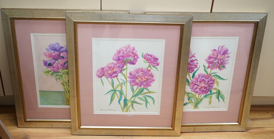 Miranda Phillimore, set of three watercolours, Still lifes of flowers including ‘anemones’ and ‘peonies’, each signed, At The Mall Exhibition Galleries labels verso, 38 x 31cm. Condition - good                           