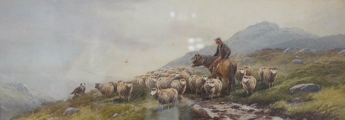 Tom Rowden (1842-1926), watercolour, Mountainous landscape with flock of sheep and shepherd, signed and dated 1902, 17 x 47cm. Condition - fair                                                                             