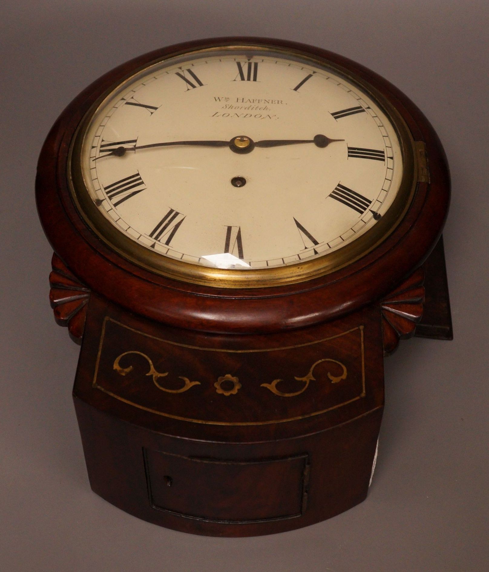 Wm Haffner, Shoreditch, London - a William IV mahogany and cut brass drop dial wall timepiece with Single fusee movement, key and pendulum                                                                                  