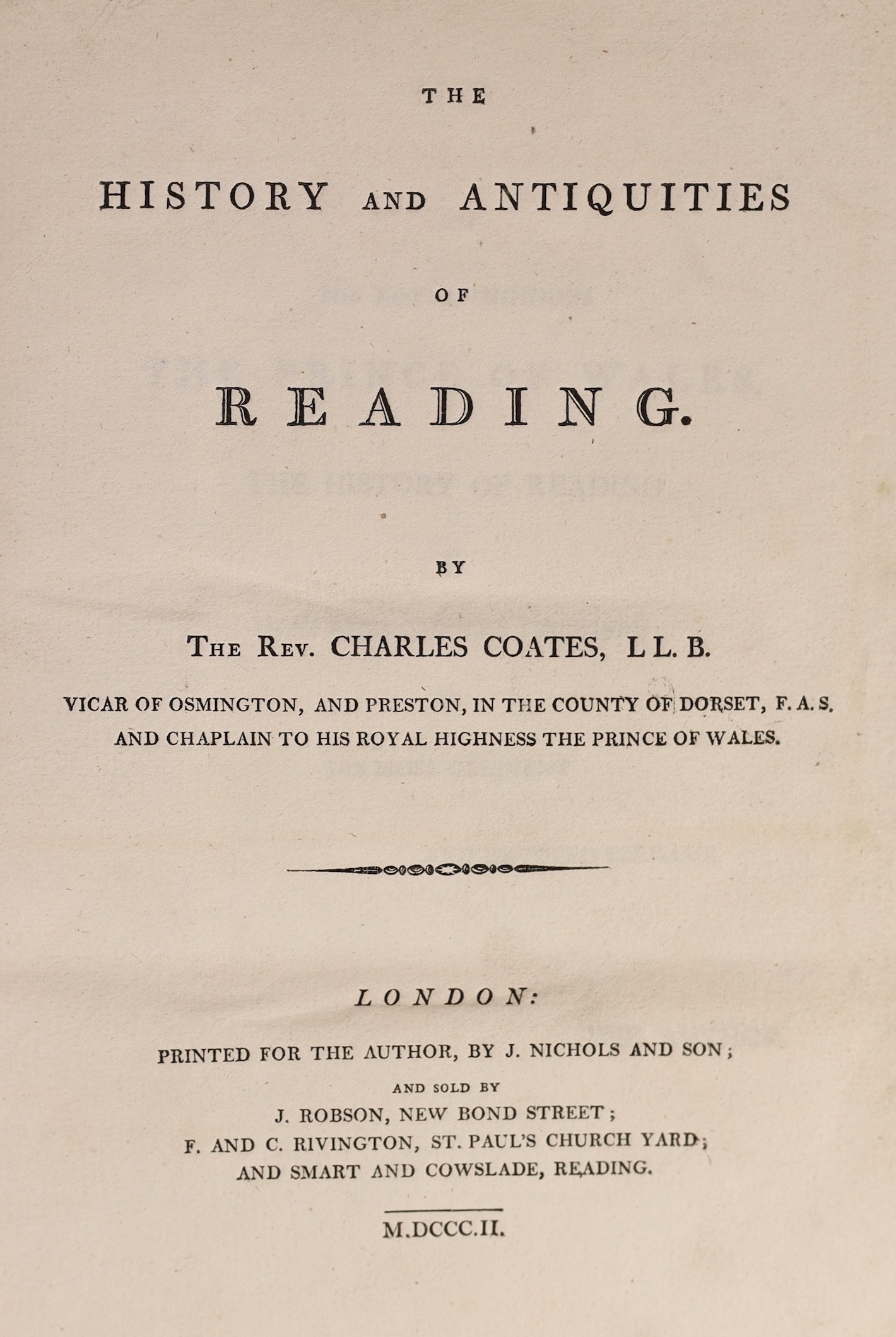 READING - Coates, Charles, Rev. - The History and Antiquities of Reading, 4to, half calf, with folding frontis map and 7 plates (1 of them folding), London, 1802                                                           