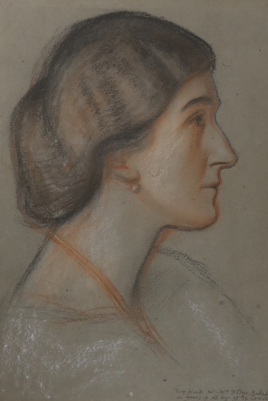 William Rothenstein (1872-1945), conté crayon, Portrait of Mrs St Clair Baddeley, signed with presentation inscription, 30 x 21cm                                                                                           