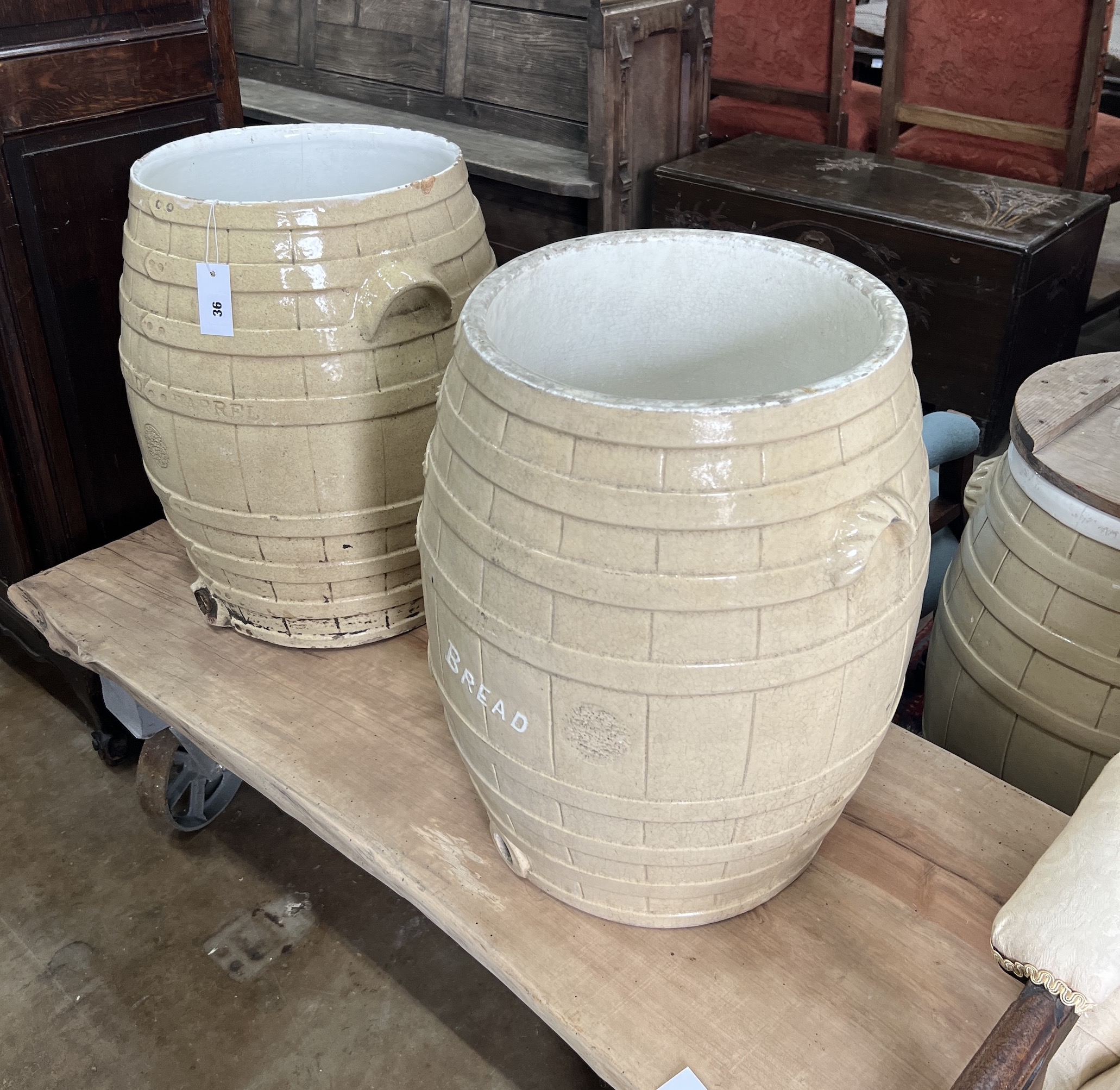 Two Victorian glazed earthenware bread barrels, diameter 42cm, height 53cm                                                                                                                                                  