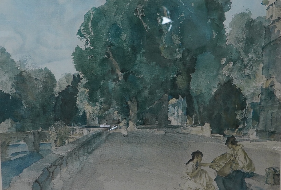 After William Russell Flint (1880-1969), colour print, Street scene with figures, unsigned, pencil numbered 287/650 blindstamped AGP, published 1975 by Alexander Gallery Publications Ltd. England, 48 x 62cm. Condition - 