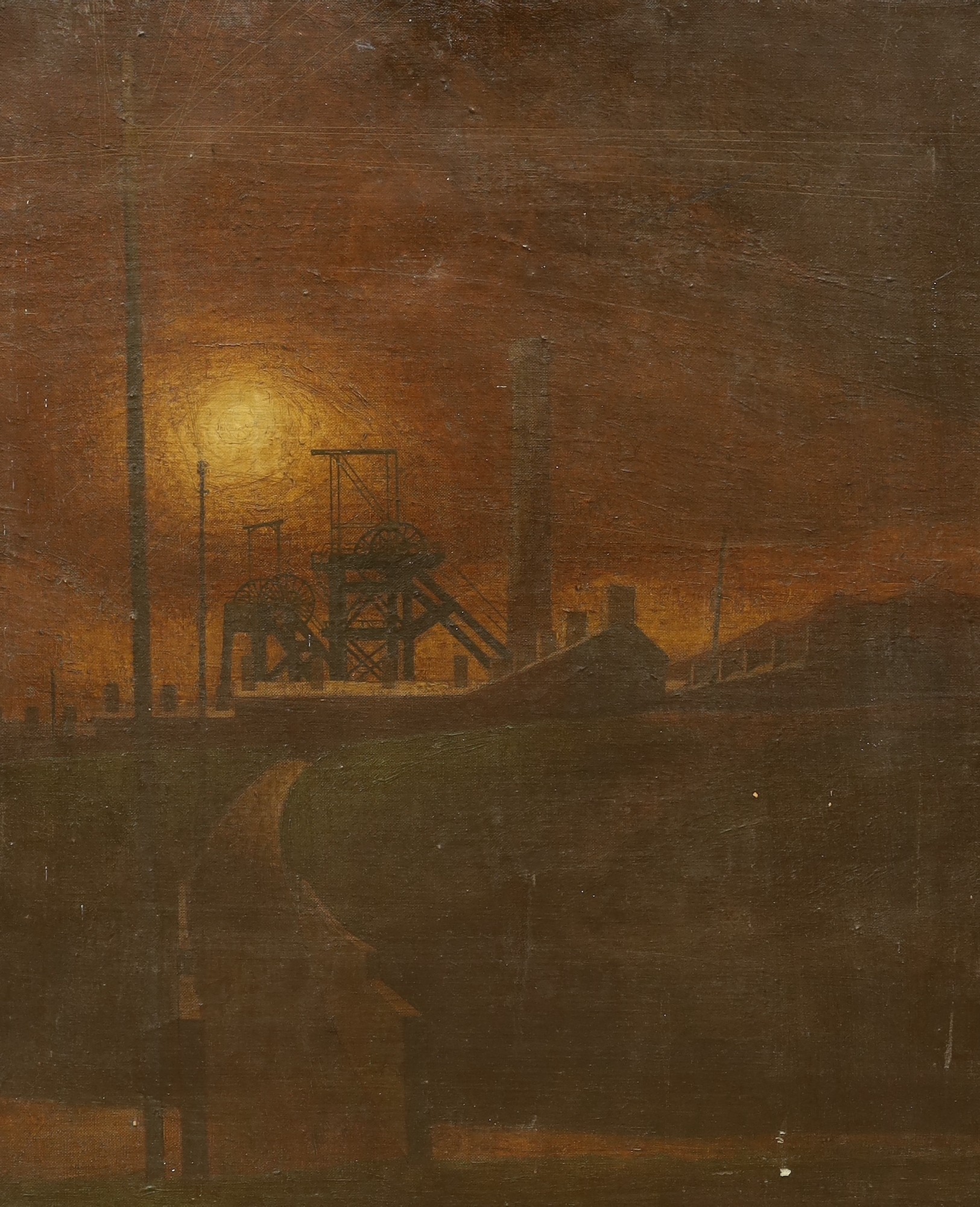 Modern British, oil on canvas, Colliery at sunset, a sketch of girders verso, 60 x 50cm, unframed, smoke damaged                                                                                                            