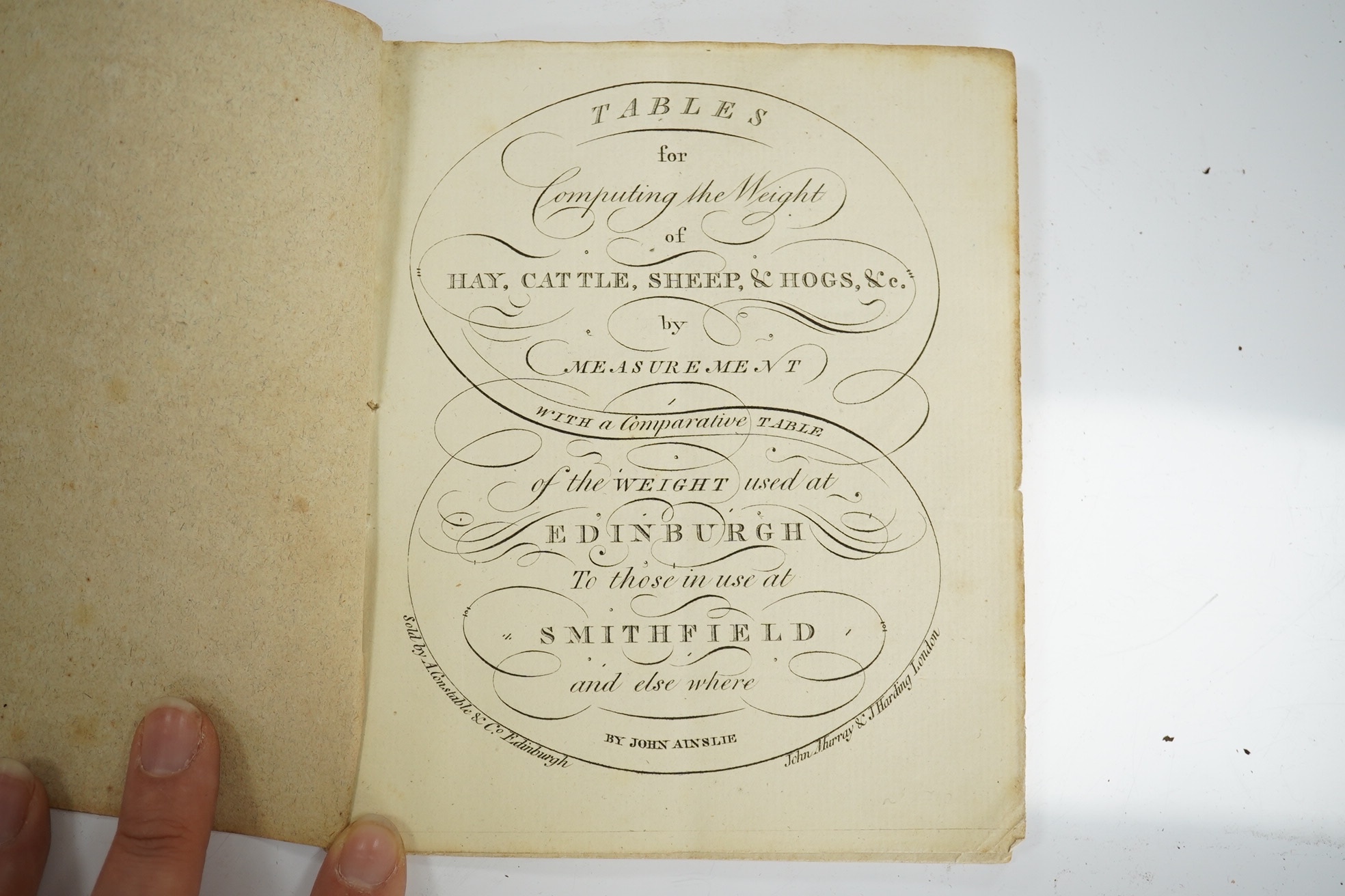 Ainslie, John - Tables for Computing the Weight of Hay, Cattle, Sheep, & Hogs, &c. ... with a comparitive table of the weight used at Edinburgh to those in use at Smithfield ...                                           