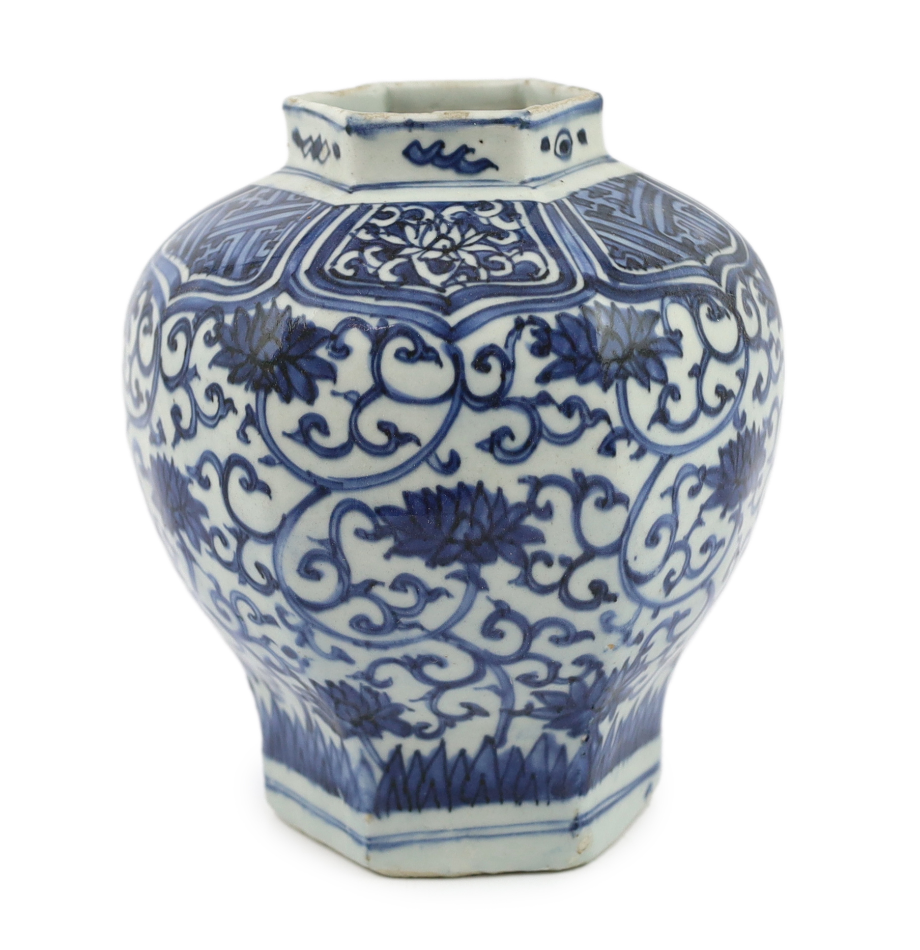 A Chinese Ming blue and white ‘lotus’ hexagonal vase, Wanli period (1572-1620)                                                                                                                                              