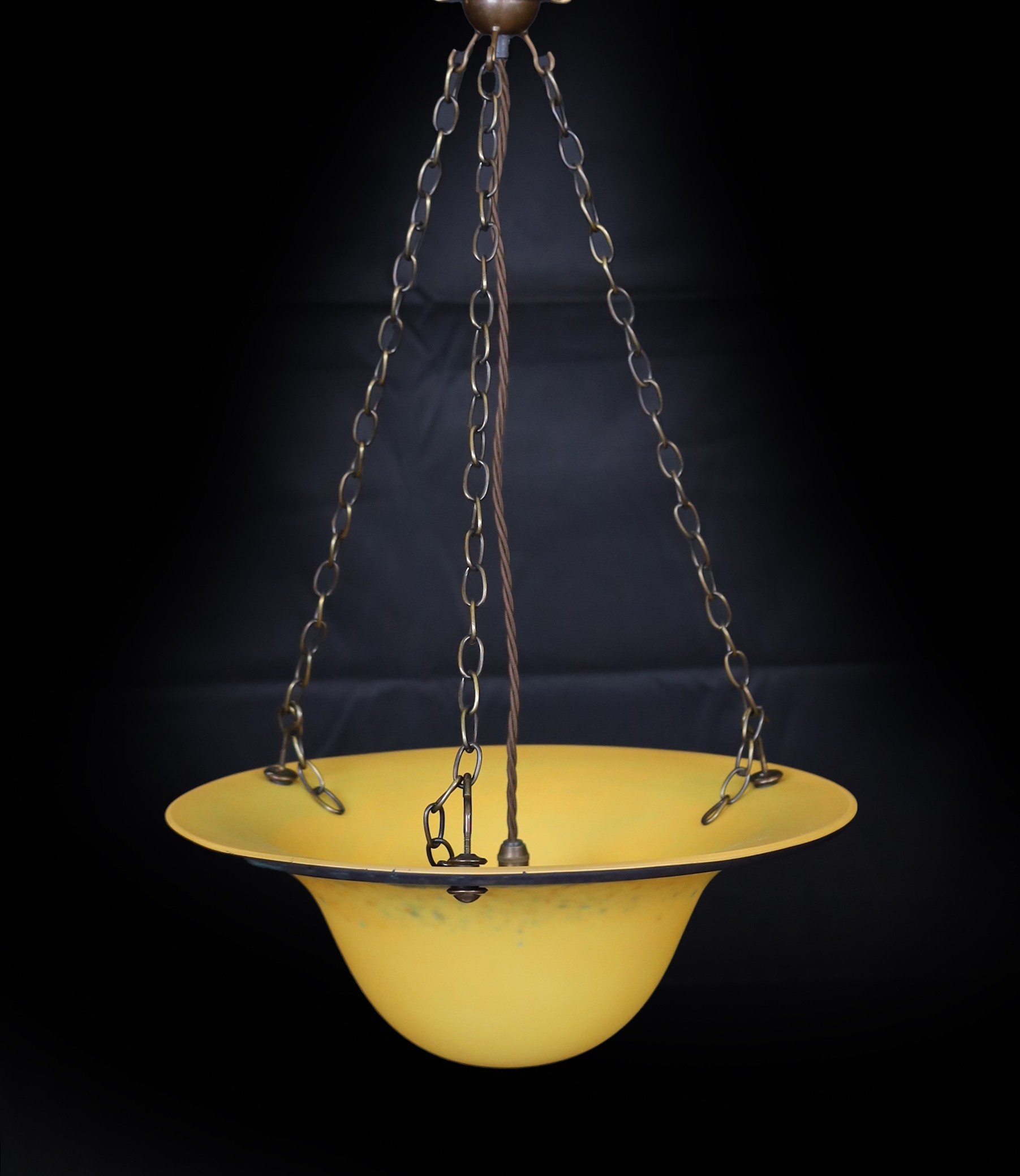 A 1930s style marbled glass light bowl with bronze chains and rose, drop 62cm, width 34cm                                                                                                                                   