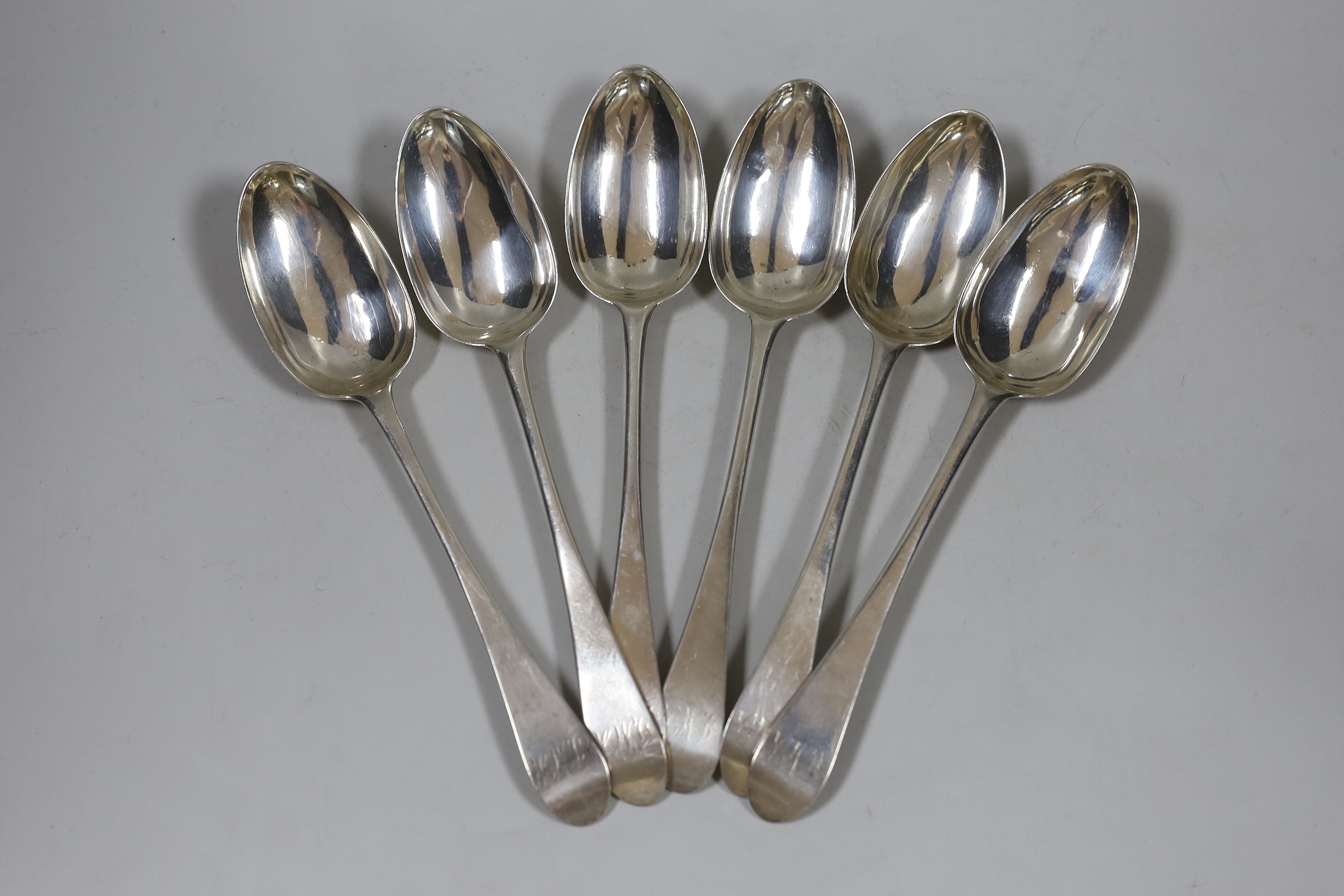 A set of six George III Scottish silver Old English pattern table spoons, William & Patrick Cunningham, Edinburgh, 1785, 22cm, 11.6oz.                                                                                      