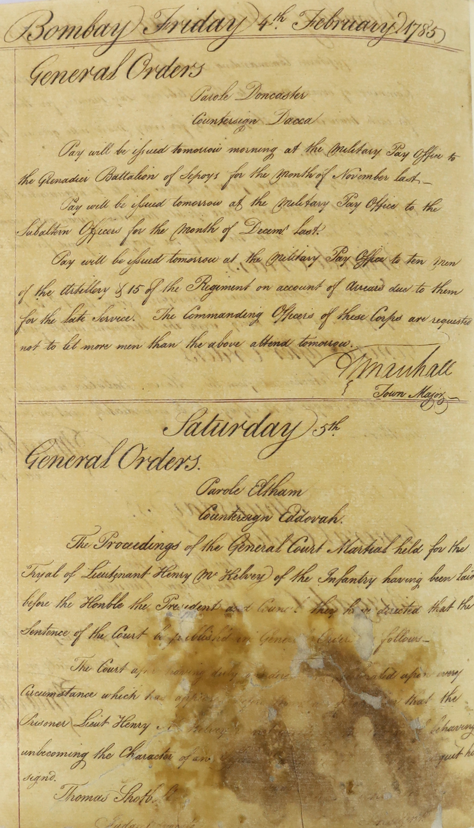 Brigade and General Orders Book, Bombay, 1 March 1784 – 14 March 1785                                                                                                                                                       