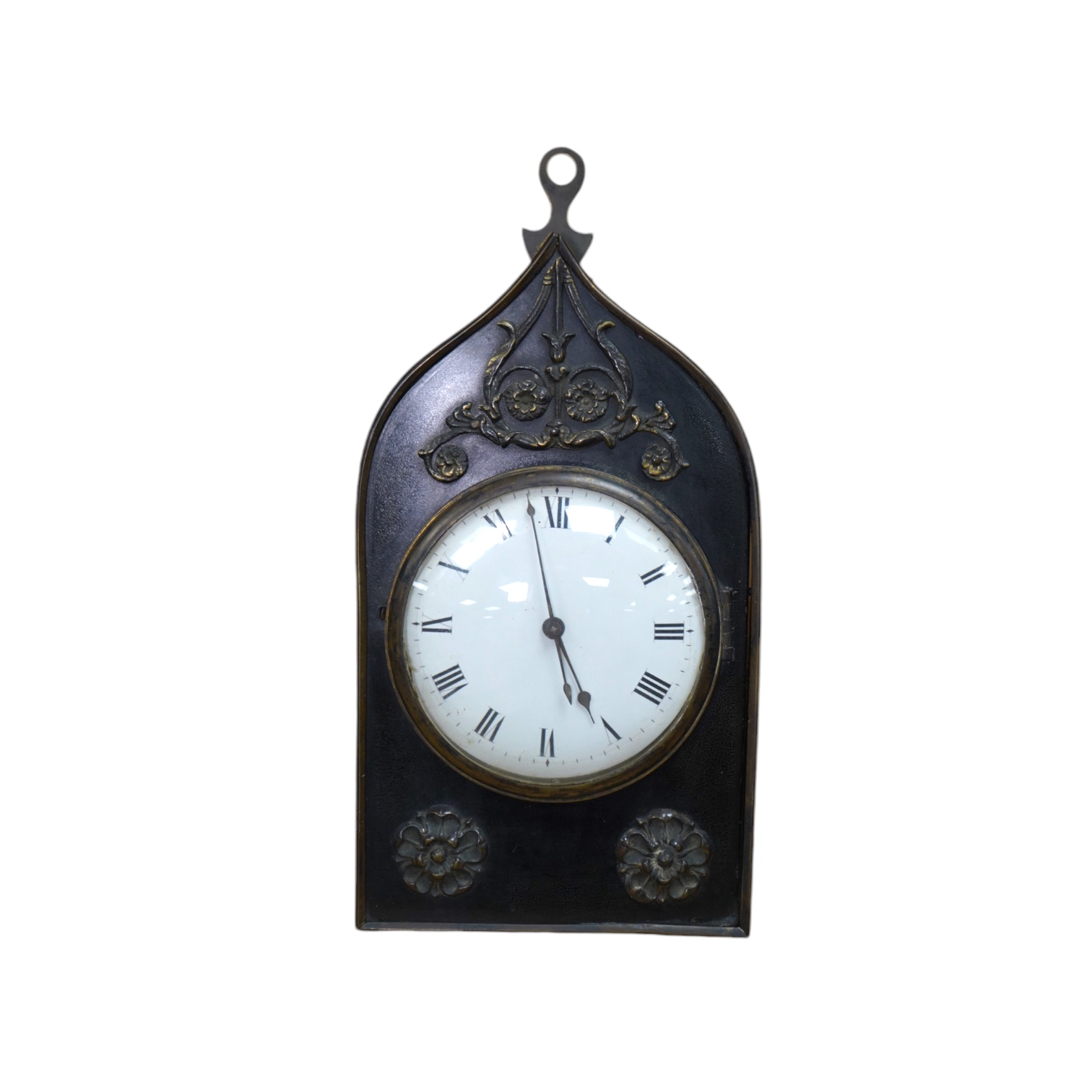 An early 19th century Gothic revival Sedan timepiece with balance escapement movement, applied Tudor rose mounts, with key, 27cm high. Condition - good, untested                                                           