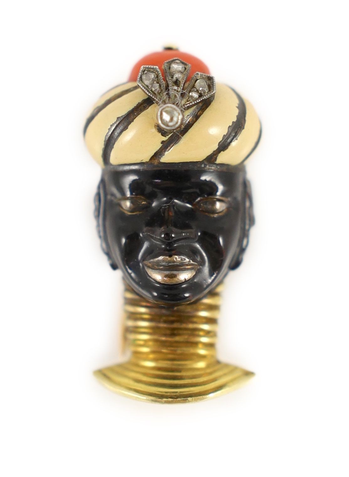 An early to mid 20th century French Cartier 18ct gold, enamel, coral and rose cut diamond set clip brooch, modelled as the bust of a Blackamoor                                                                             