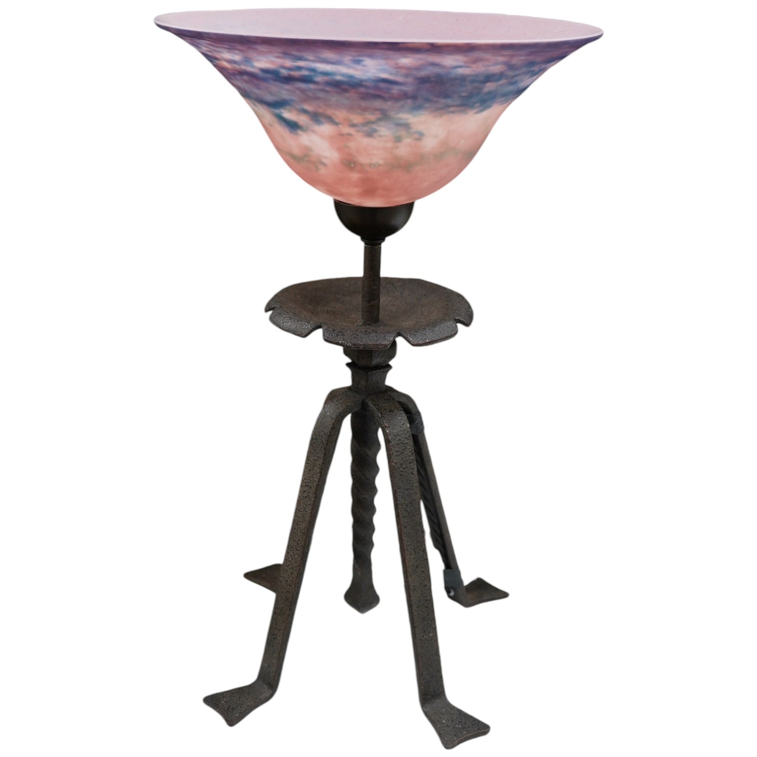 A French wrought iron table lamp accompanied with pink & blue Pate-de-Verre shade, circa 1950's, wired, 50cm high, shade 31cm diameter                                                                                      