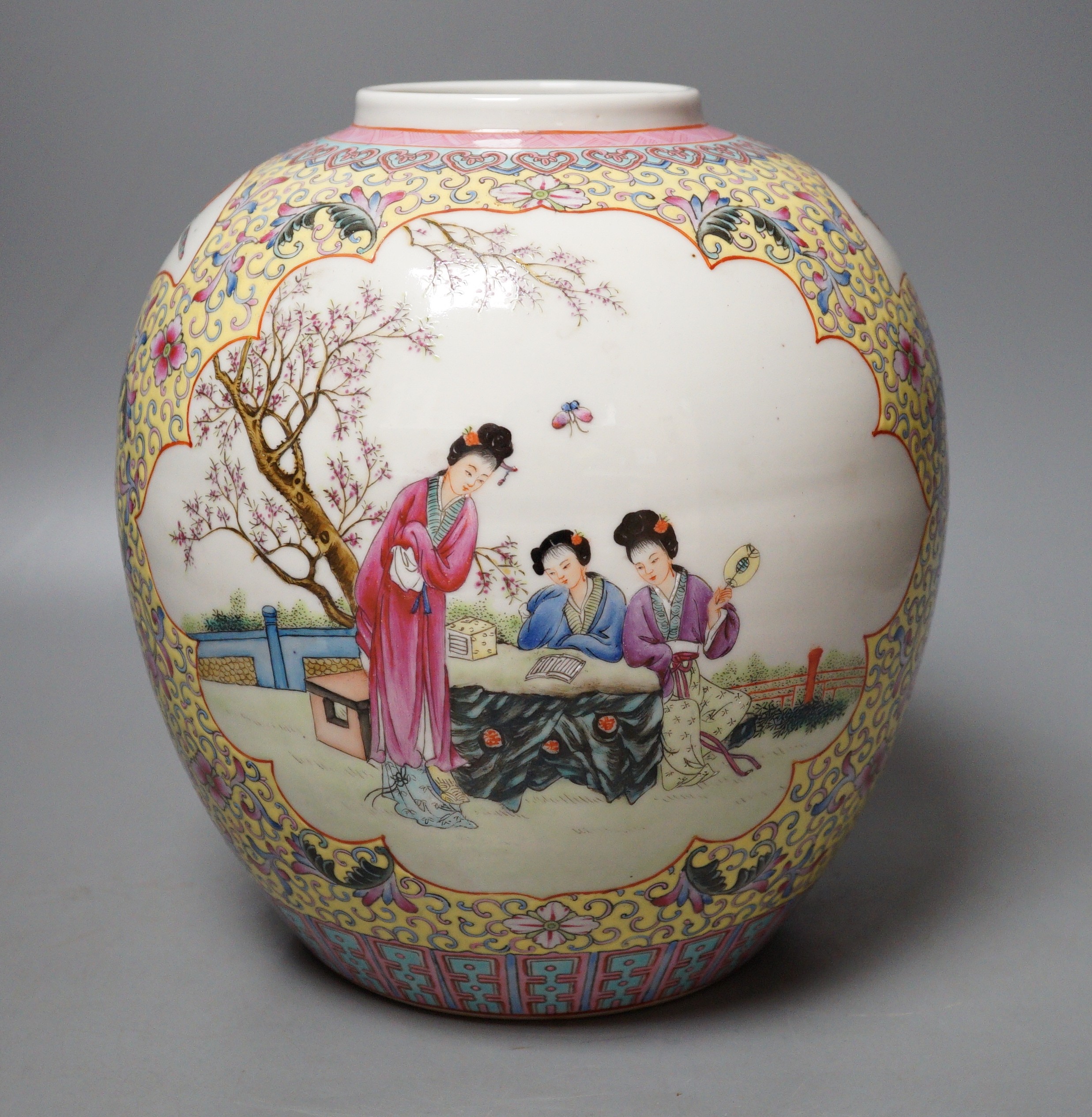 A Chinese yellow ground famille rose jar, Republic Period, 22cm                                                                                                                                                             